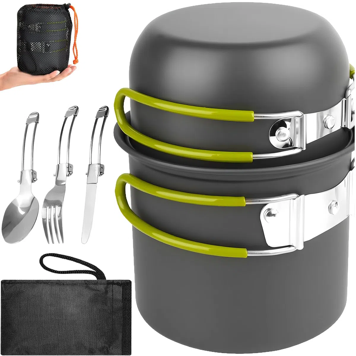 Kit Vajilla de Camping con Cubiertos Plegables, Ollas de Aluminio para 1-2 Personas, Utensilios de Cocina Exteriores Portátiles, Sartenes de Acampada para Picnic, Senderismo, Excursión, Escalada
