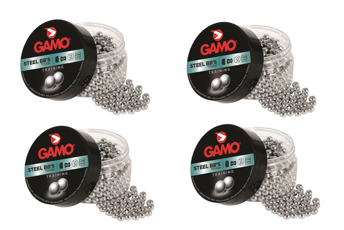 Outletdelocio. 4 latas de 500 perdigones Gamo. Bolas BB'S Acero, 4,5mm. Modelo 320634.