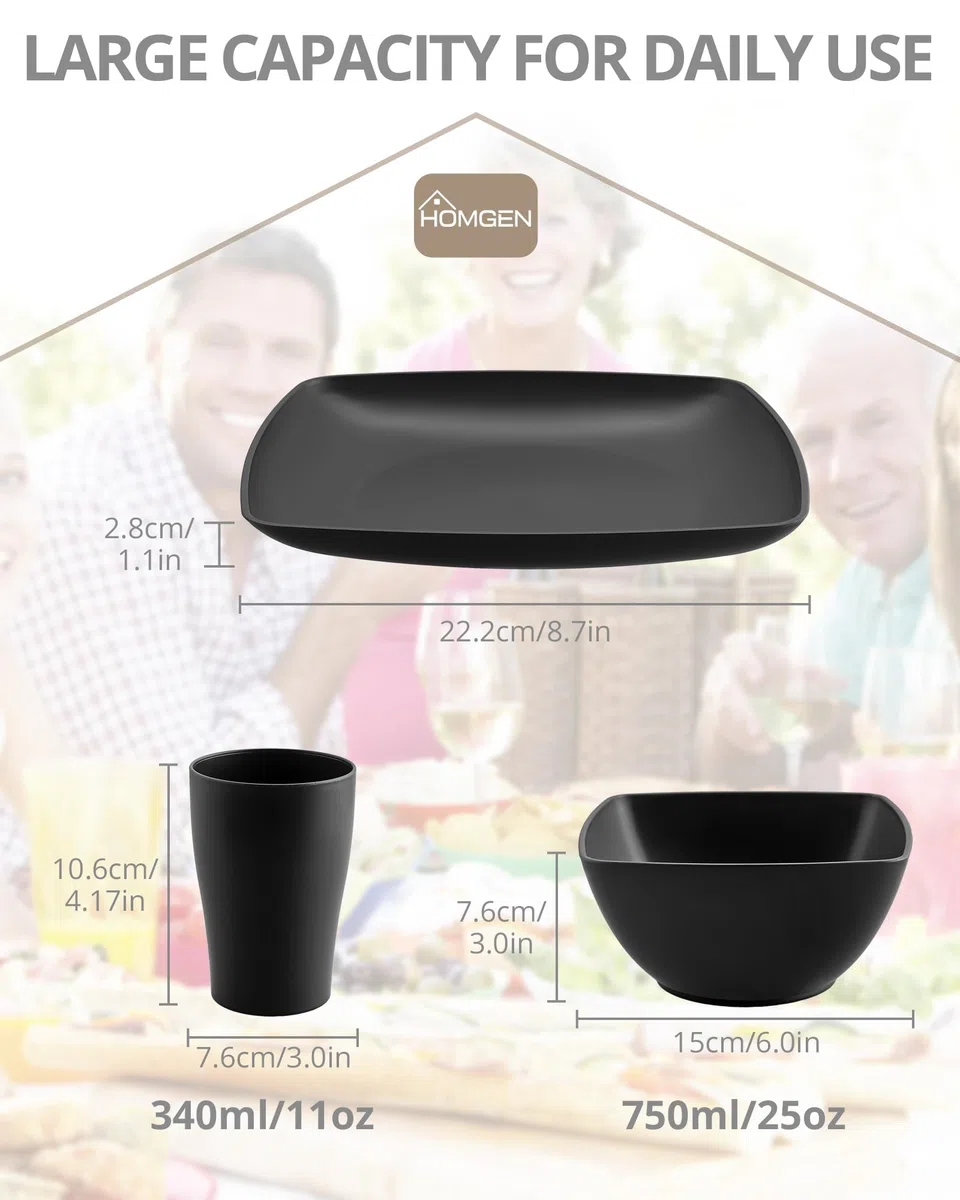 HOMGEN Juego de Platos y Tazones de Plástico de 12 Piezas- Juego de Vajilla Irrompible para Camping 4 Personas - Platos de Cocina Reutilizables, Juego de Cena Apto para Microondas y Lavavajillas