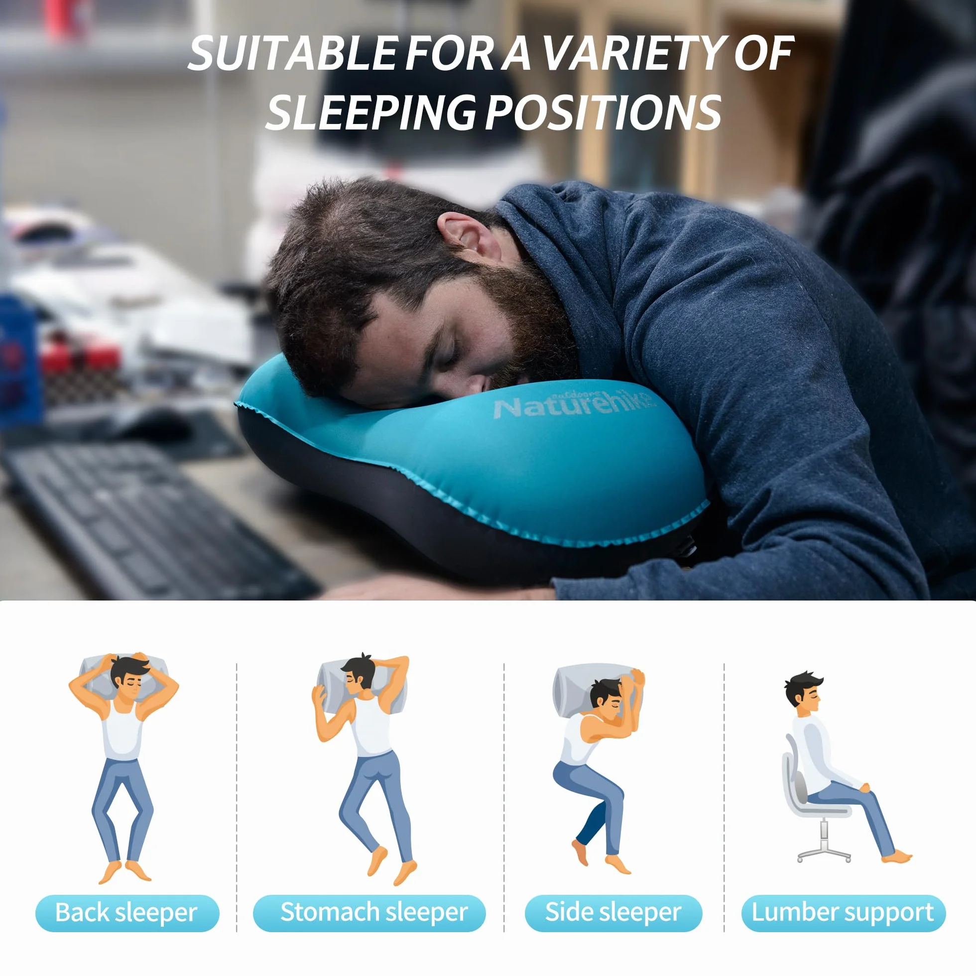 Naturehike Almohada hinchable de viaje de TPU ultraligera, cojín cervical en forma de U para acampar al aire libre, cojín de viaje portátil con soporte óptimo, ideal para viajes y dormir