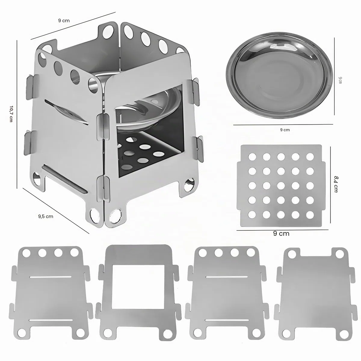 Estufa de Leña Pequeña (Con Bandeja Alcohol), Portátil Desmontable Picnic Al Aire Libre Multifuncional, Acero Inoxidable Estufa Campamento Senderismo, Cocina Campamento Al Aire Libre