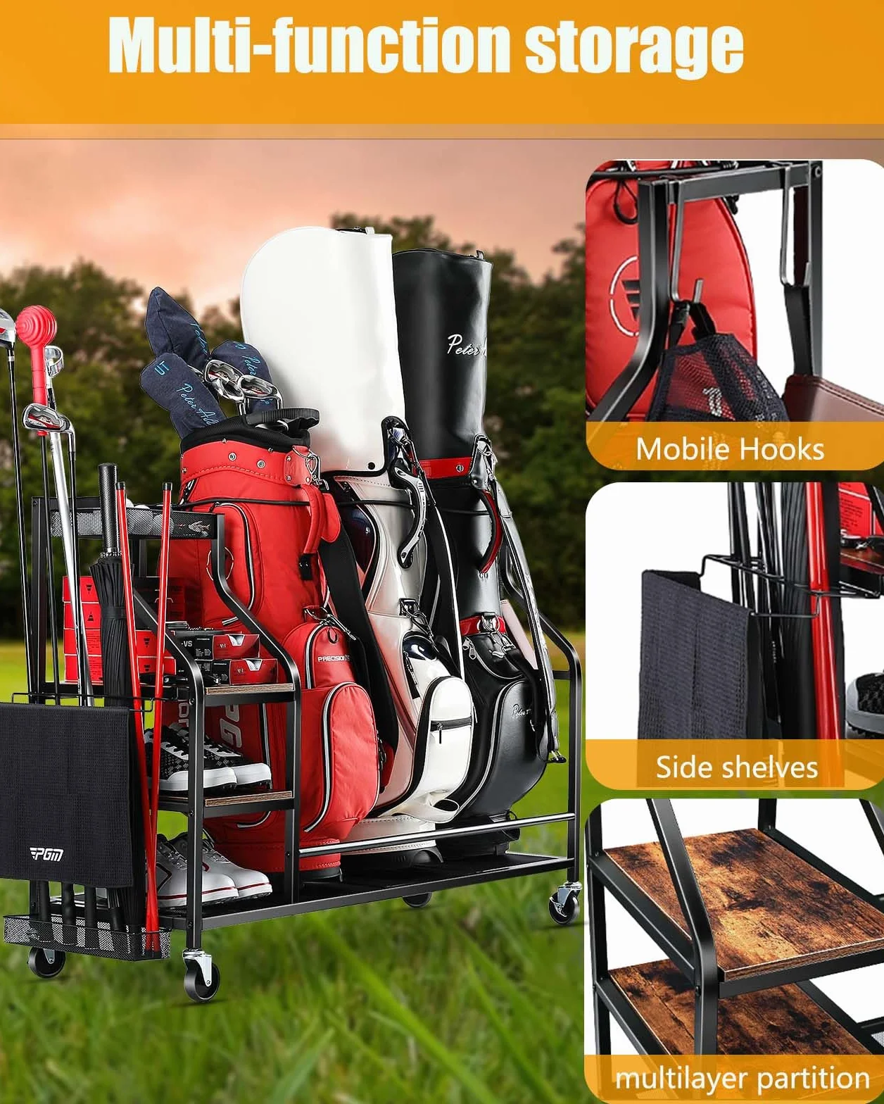EXTCCT Organizador de almacenamiento de bolsas de golf, soporte para bolsas de golf para accesorios de equipo de golf, estante de almacenamiento de bolsas de golf con ruedas, palos de golf,