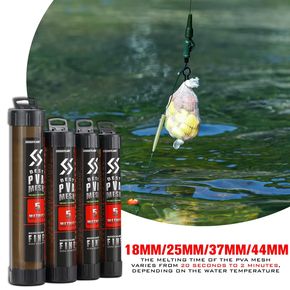 Sougayilang Bolsas de malla Pva de 5 m, 18 mm, 25 mm, 37 mm, 44 mm de ancho, accesorios de pesca de carpa con embudo y sistema de émbolo, recambio de pesca de fusión rápida para carpa, cebo, aparejo