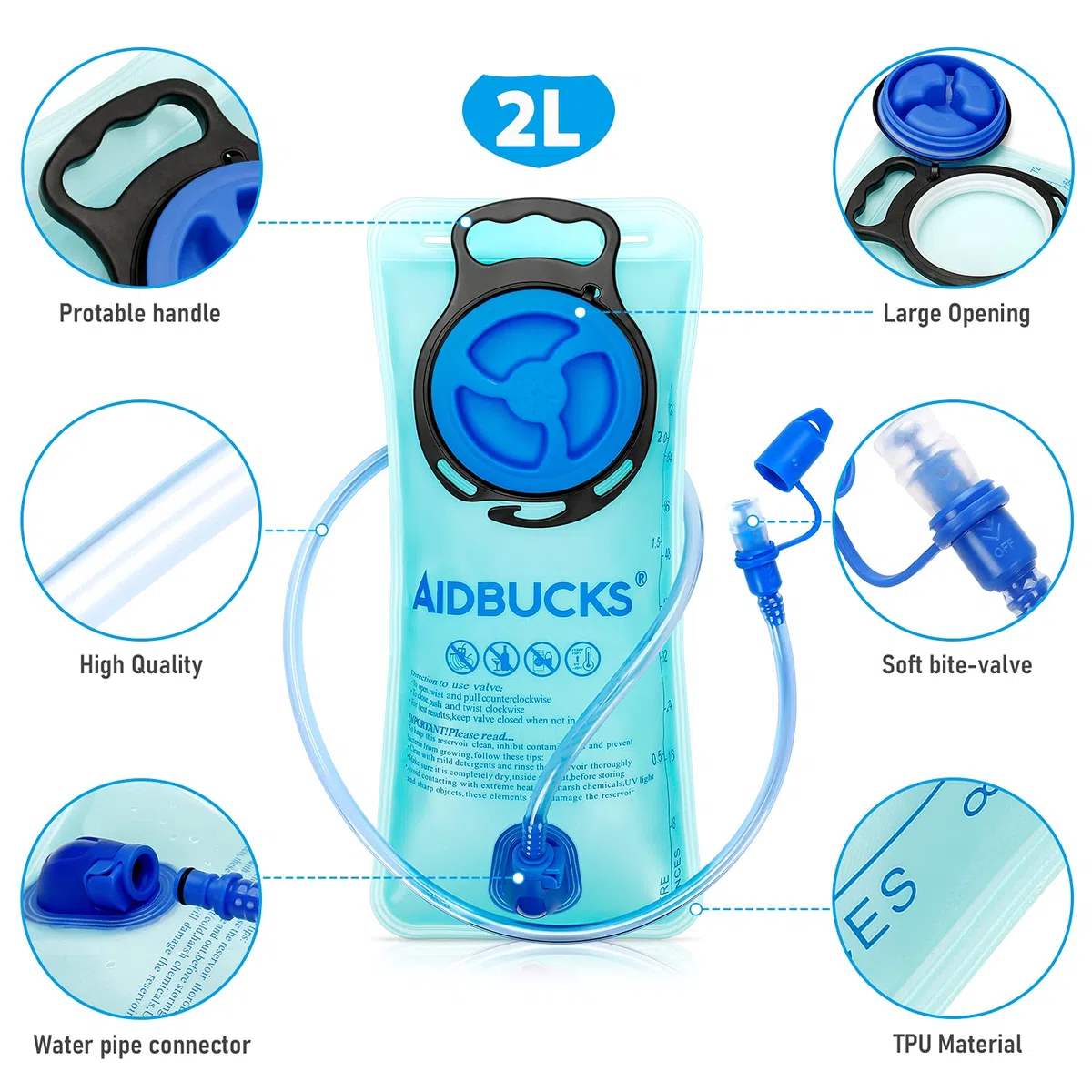 AIDBUCKS Bolsa De Agua para Mochila Hidratación 2 Depósito De Dgua Portátil TPU Libre de BPA Tubo Desmontable Apertura Grande Bolsa Hidratación para Ciclismo Senderismo Excursionismo Camping