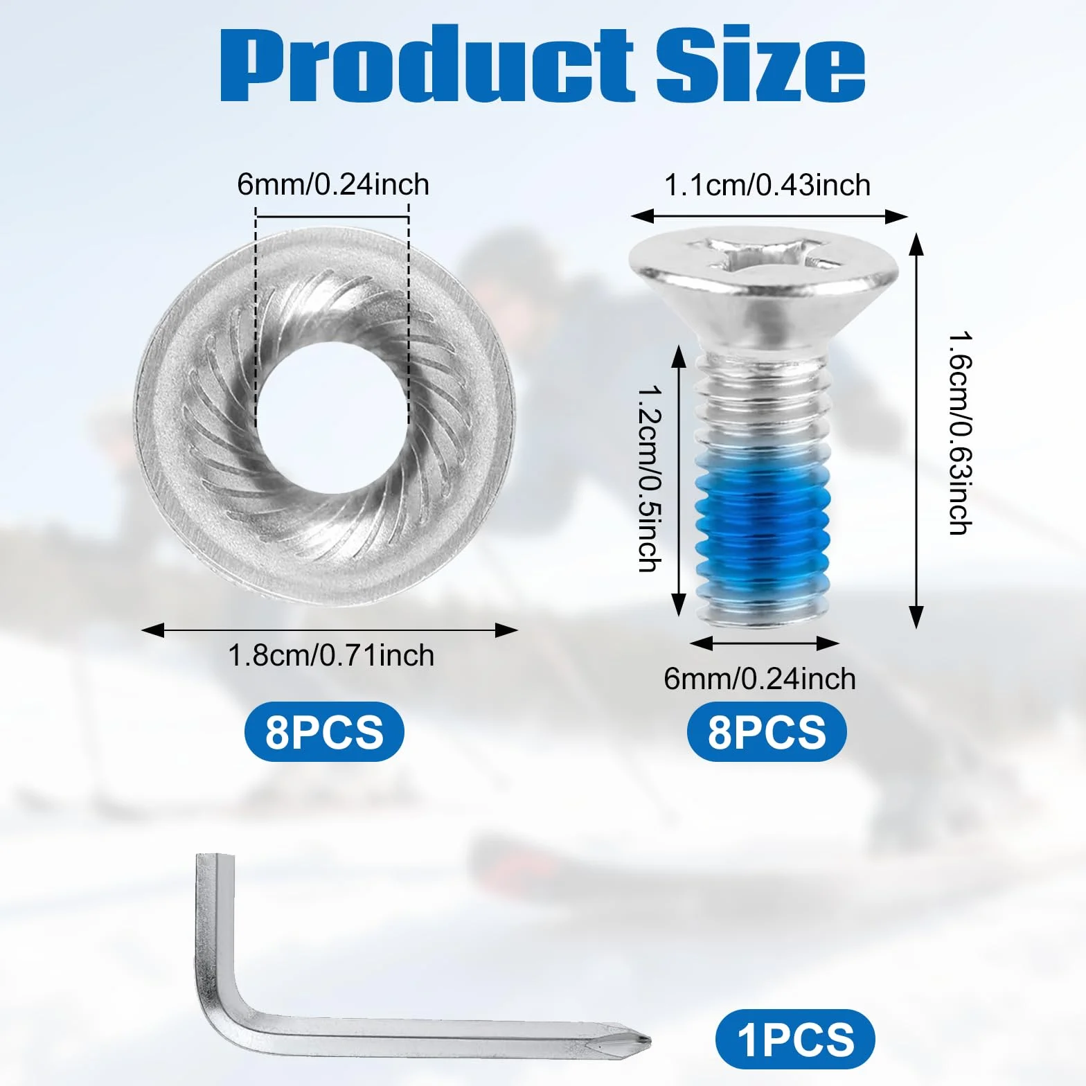 Juego de 8 tornillos de fijación para tabla de snowboard, M6 de acero inoxidable con arandelas antideslizantes, tornillos con destornillador para piezas de repuesto para snowboard deportivo
