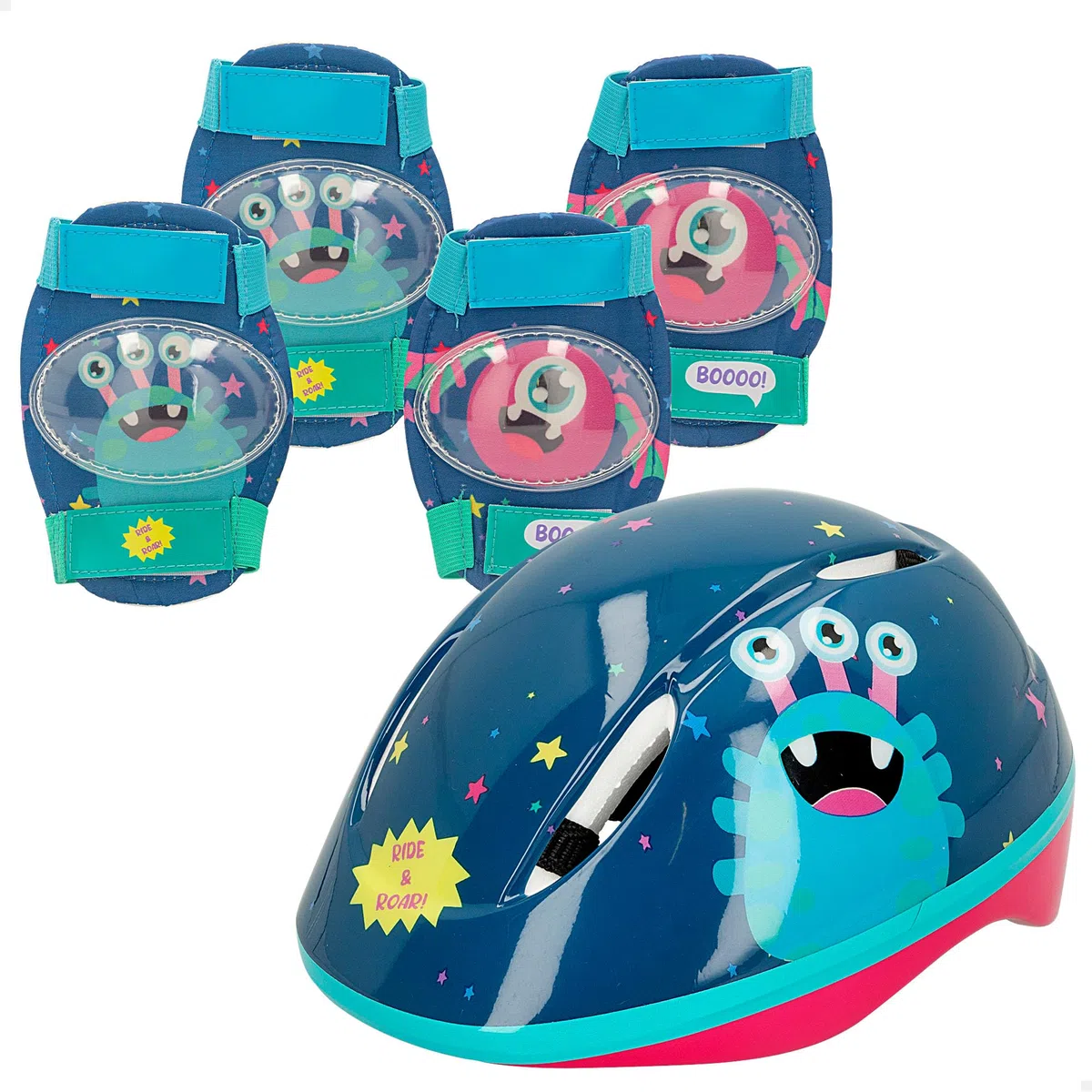 Colorbaby CB Riders - Set Casco y Protecciones para niños, Ride & Roar, Diseño Monstruos, Contiene 5 Piezas, Rodilleras, Coderas, Protección Patinete niño, +3 años, 47554