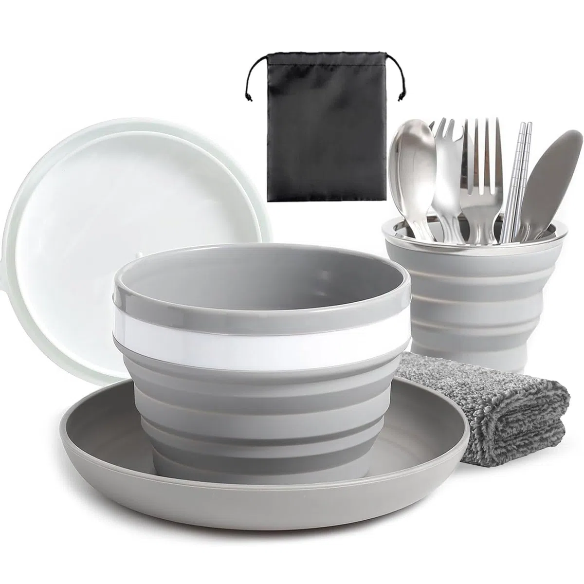 Juego de Plato de Camping, Cuenco, Taza, Set de Cubiertos para 1 Persona, Set de Plato y Cuenco de Camping Plegable, Vajilla para Senderismo, Viajes y Exterior, Gris