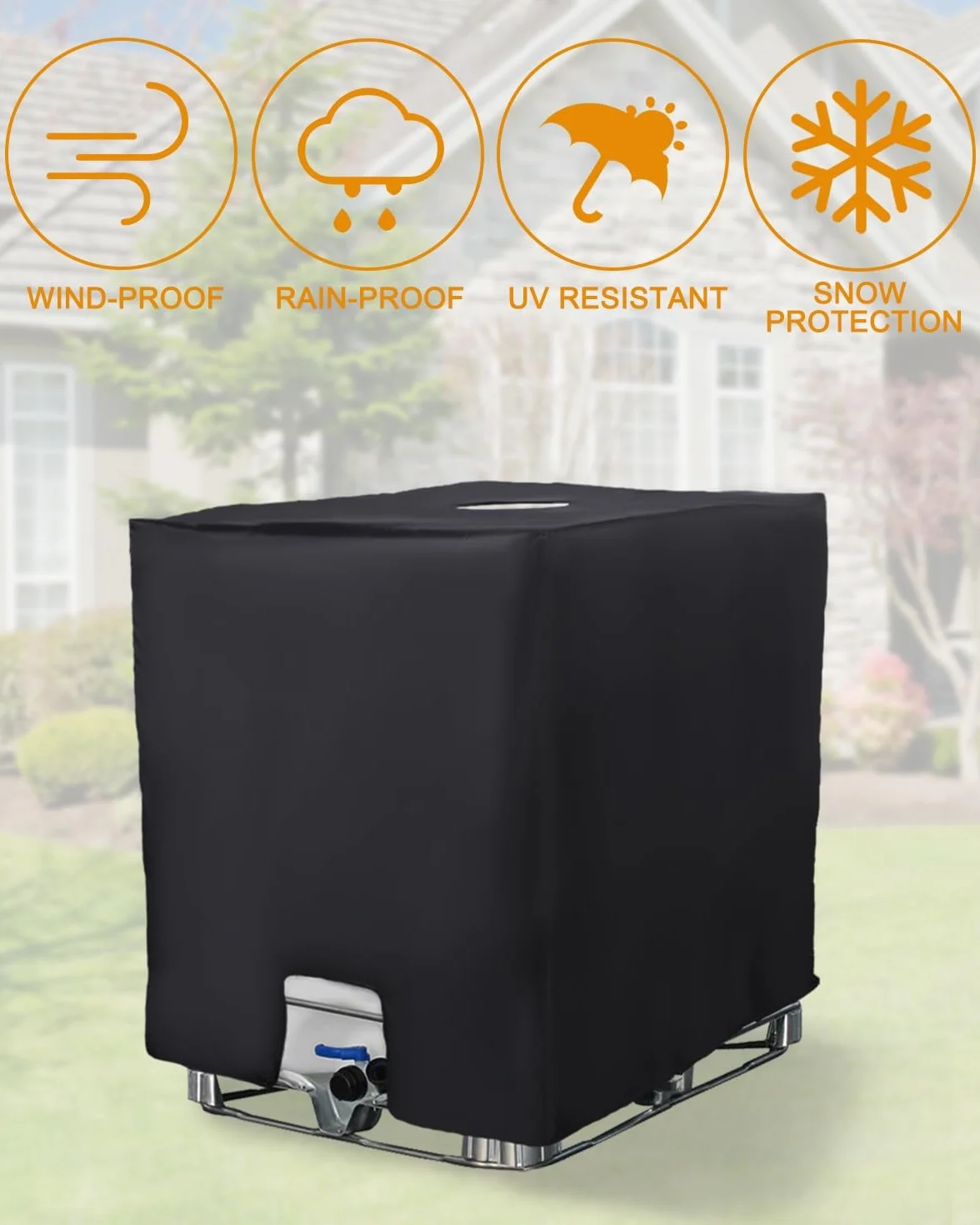 Cubierta para Depósito de Agua 1000 litros, Cubierta Contenedor IBC, Deposito Agua Lluvia, Lona Cubierta Protectora, Antipolvo Anti UV Funda Deposito (120 x 100 x 116 cm Negro)