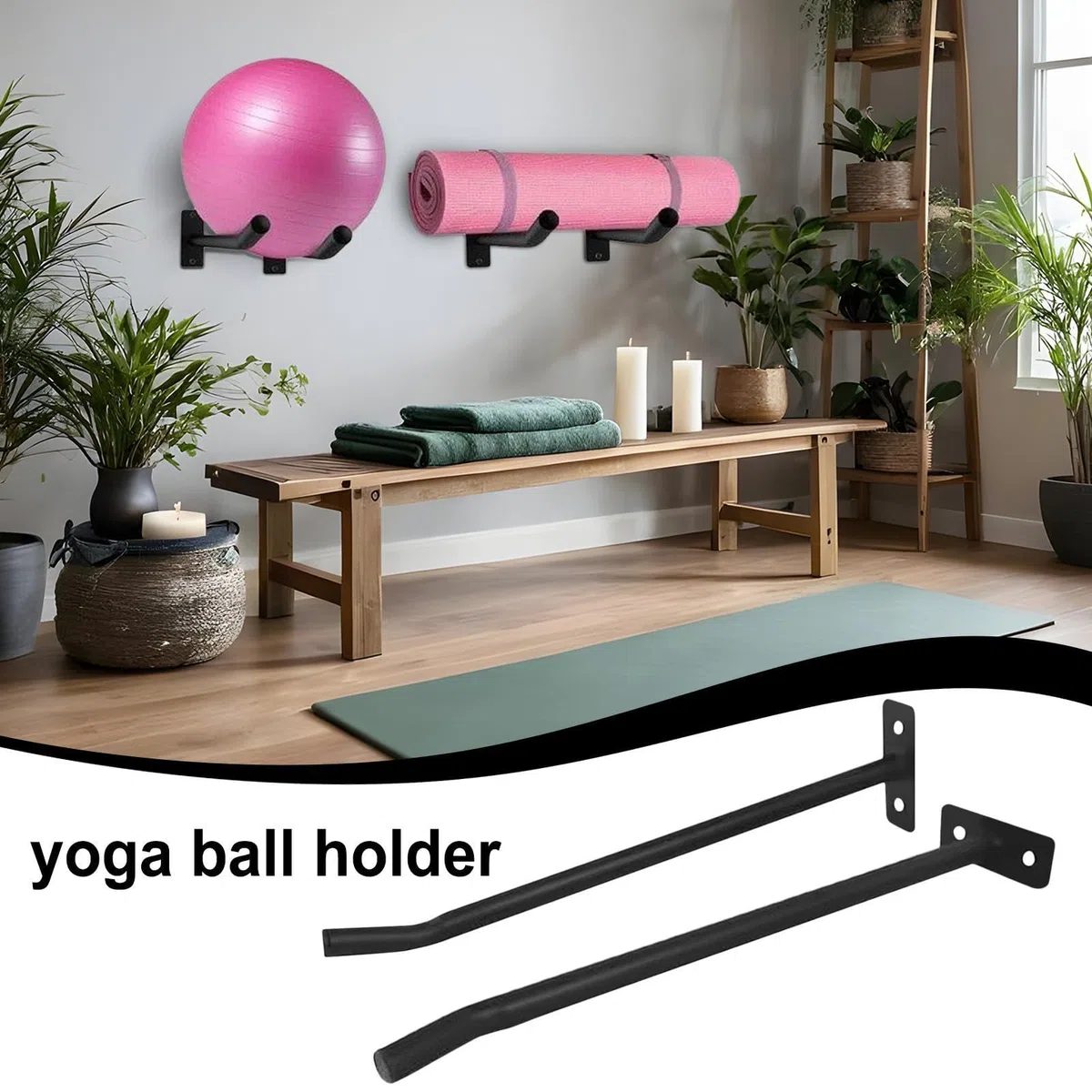 Soporte de pelota de ejercicios, montaje en la pared de la pelota de ejercicios,Juego de 2 soportes de bola de yoga negro - Accesorios para el gimnasio para el hogar de servicio pesado, organizador de