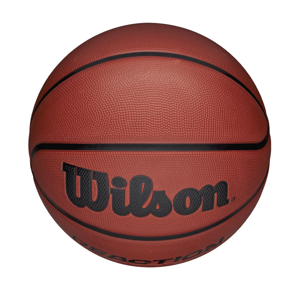 Wilson Balón de Baloncesto Reaction, Hecho de Goma Duradera, Rendimiento en Todas Las Superficies, Experimenta un Agarre y Control Mejorados, Color Marrón, Tamaño 5