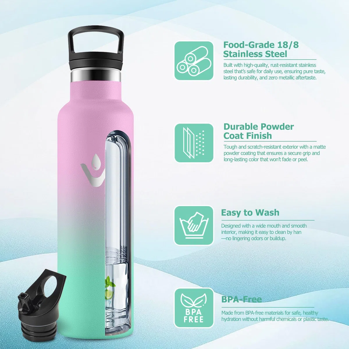 Botella Agua Acero Inoxidable 750ml, Cantimplora Termo con Pajita y Filtro, sin BPA, Reutilizable, Fácil de llevar, Termo a Prueba de Fugas, Cantimplora para Adultos, Oficina, Escuela, Bicicleta