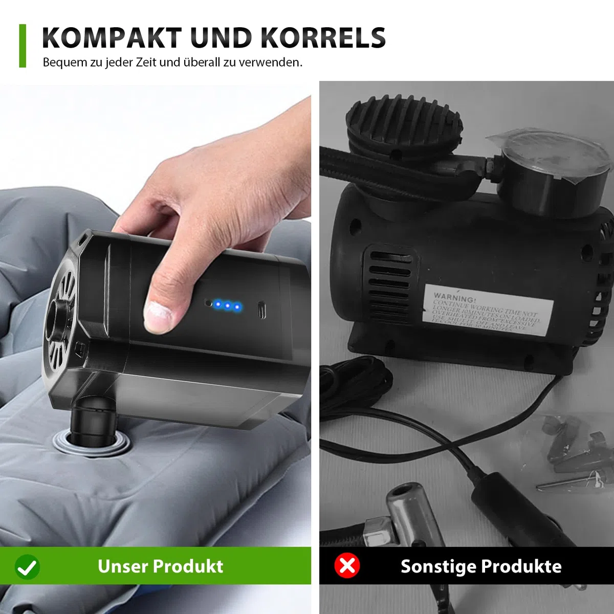 Bomba de aire eléctrica con batería, bomba para colchón hinchable 5200mAh recargable, mini bomba eléctrica de 2 en 1 con USB para inflar y desinflar, con 3 boquillas de aire para colchón hinchable