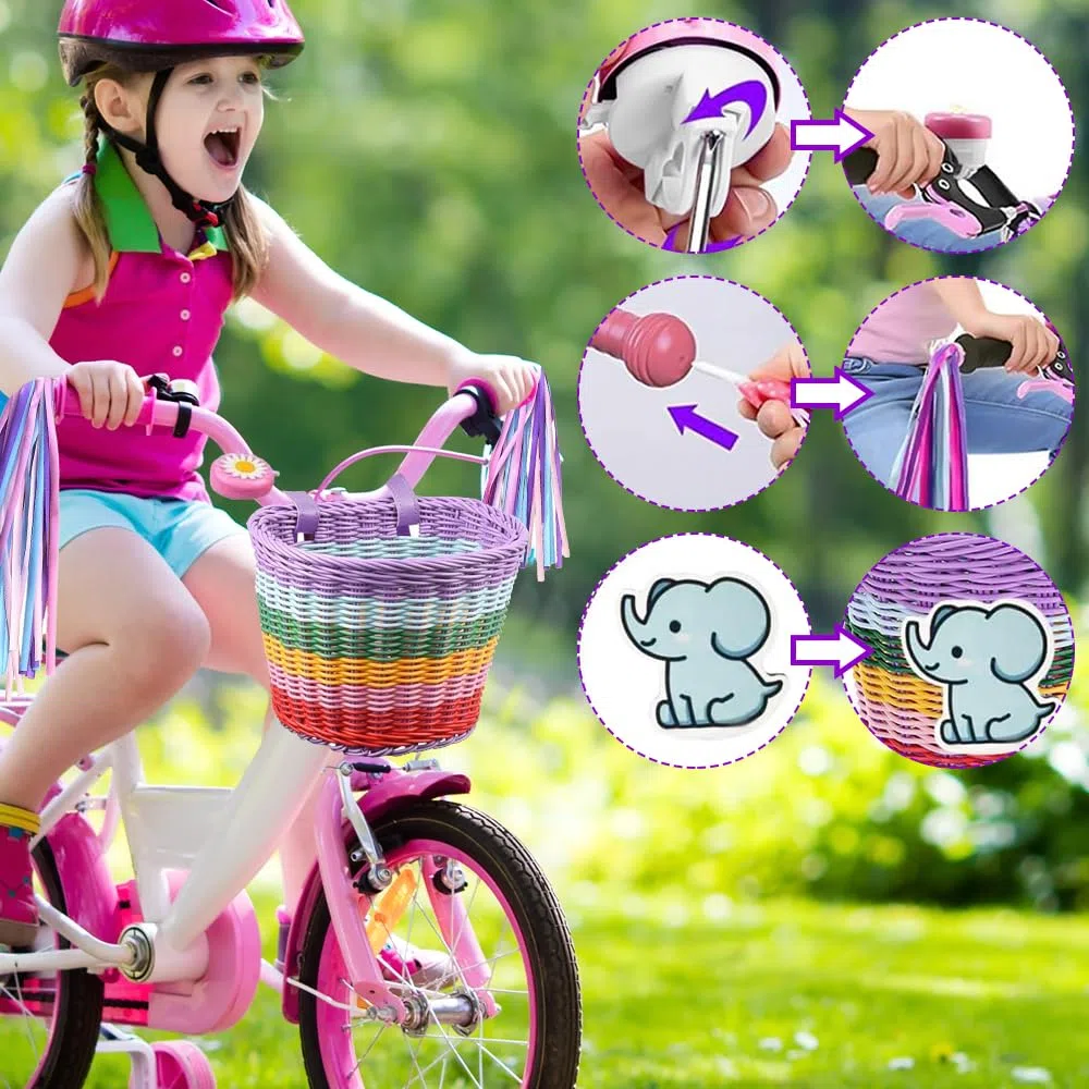 Cesta de Bicicleta para Niños, Cesta Bici Niño, Cesta Lantera Bicicleta Niños, Cesta Bicicleta Desmontable, para Manillar de Bicicleta Infantil, con Timbre, Pegatinas, Serpentinas y Molino