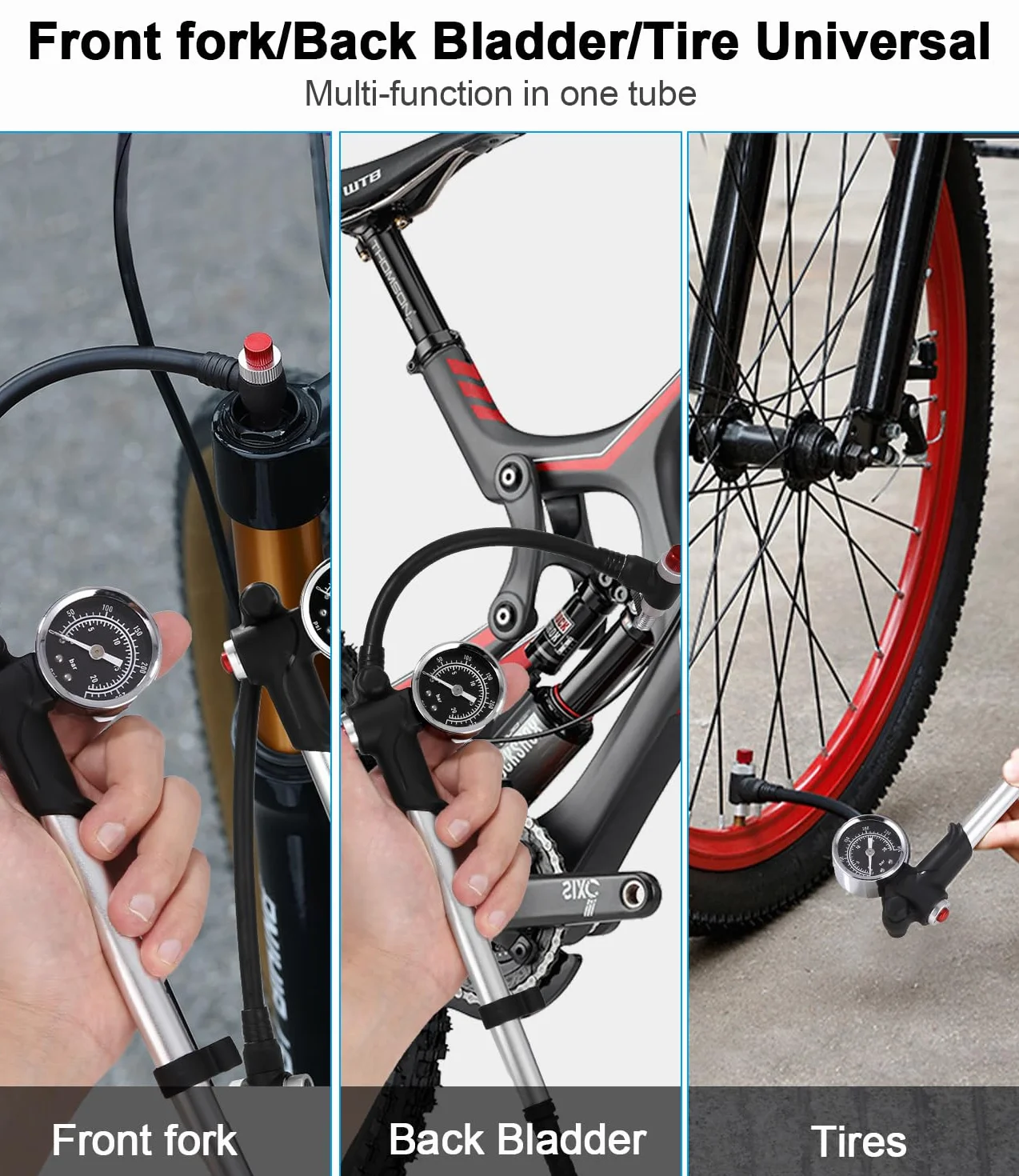 Bomba de Choque de Alta presión(MAX 300 PSI), Bomba de Bicicleta con manómetro y botón de Purga, Horquilla/suspensión Trasera 2 en 1 y Bomba de neumáticos para Bicicleta MTB, Bicicleta de Carretera