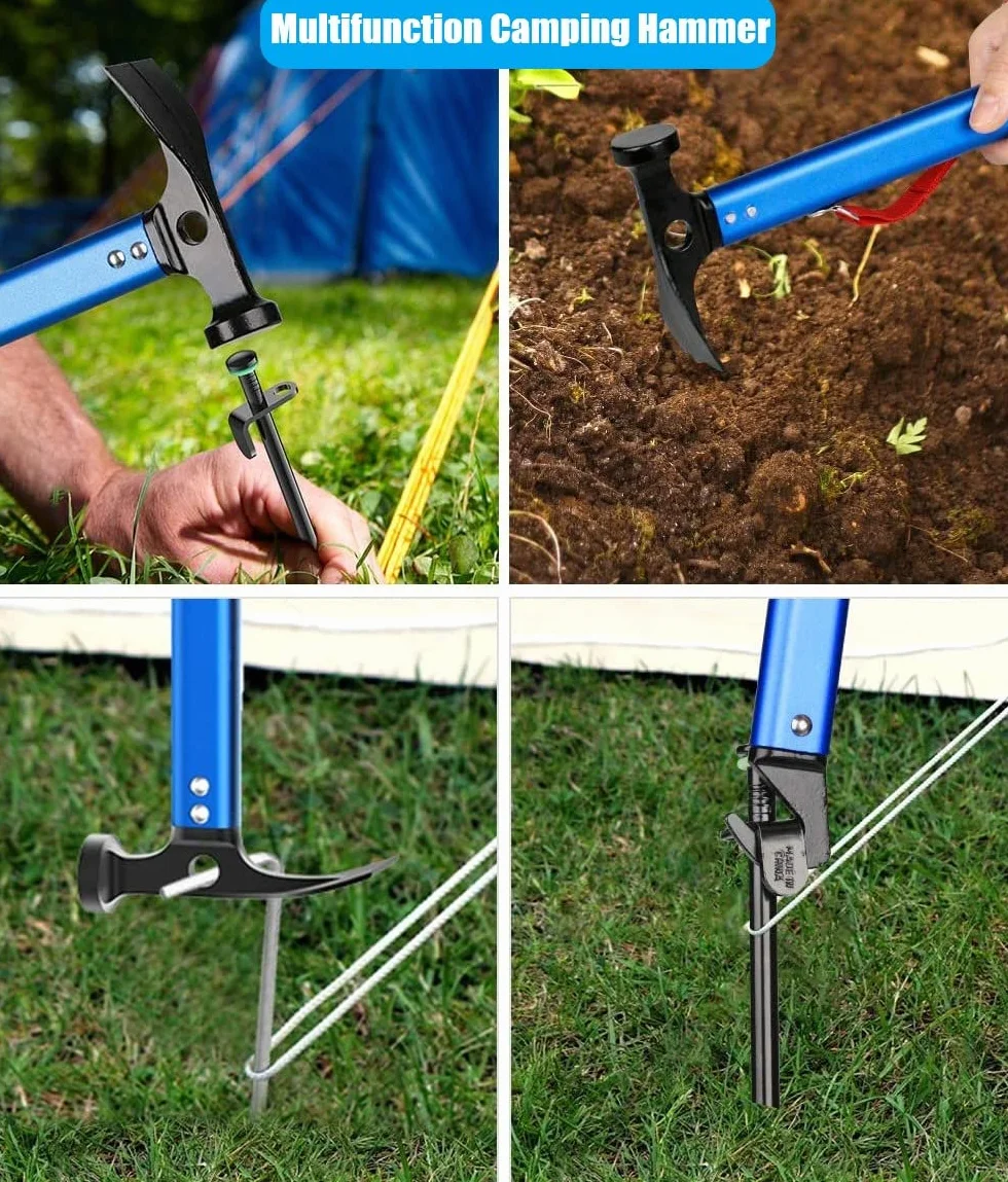 LATERN Martillo para Acampar con Gancho, 30CM Martillo de Carpa de Aluminio al Aire Libre Martillo de Estaca Multifuncional para Tienda de Campaña con Bolsa de Almacenamiento con Cordón (Azul)