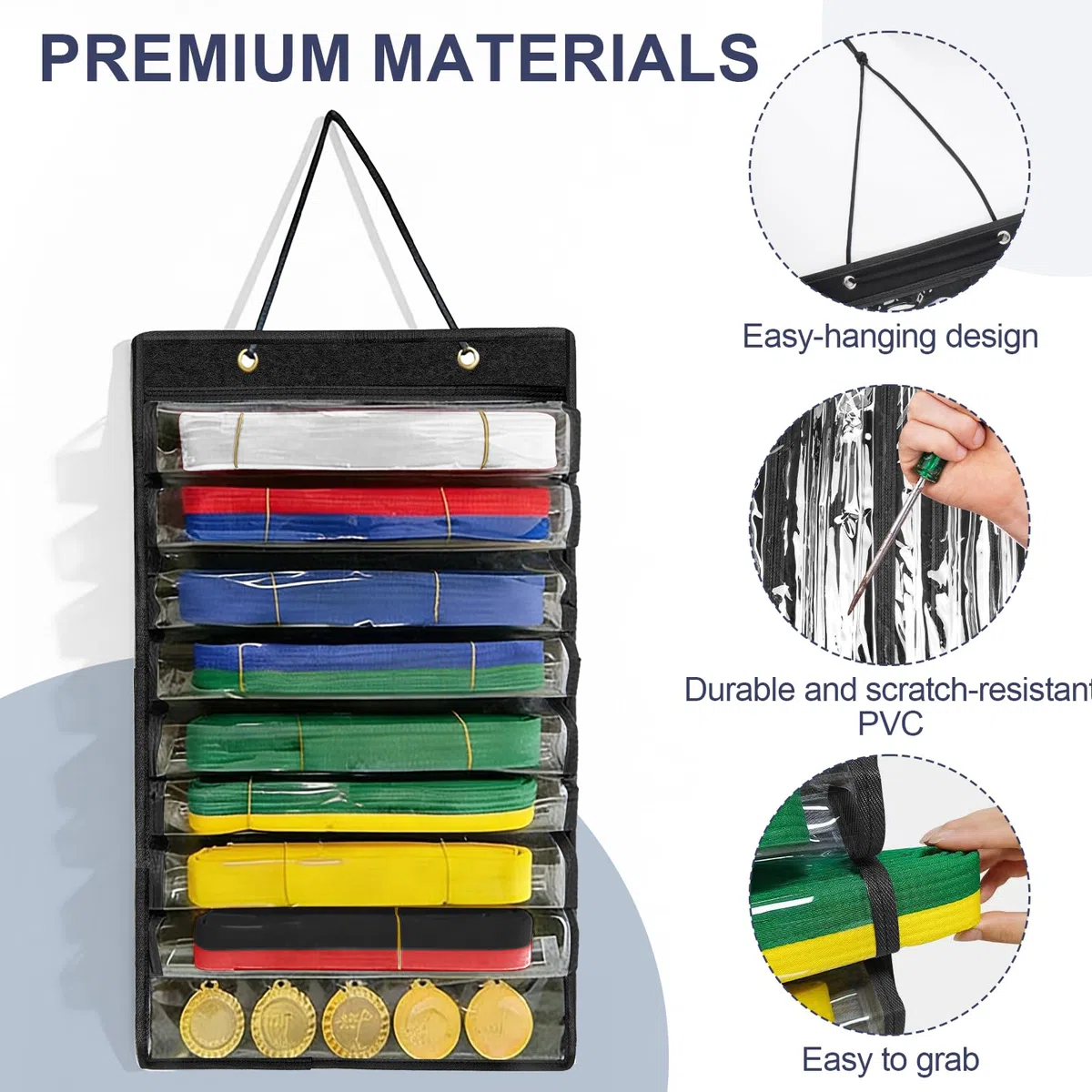 Organizador Cinturones de Taekwondo con 8 Bolsillos,Almacenamiento de Cinturones de Artes Marciales Colgante,Medallero de Boxeo Judo,Portabelt con Capacidad para Hasta 8 Cinturones y 5 Medallas(Negro)
