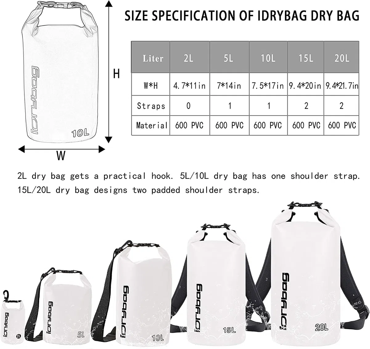 IDRYBAG DRYBAG Bolsas Secas para Kayak Impermeables 2L/5L/10L/15L/20L, Bolsa Seca Pequeña Impermeable Flotante, Saco Seco Impermeable para Paddleboarding y Viajes