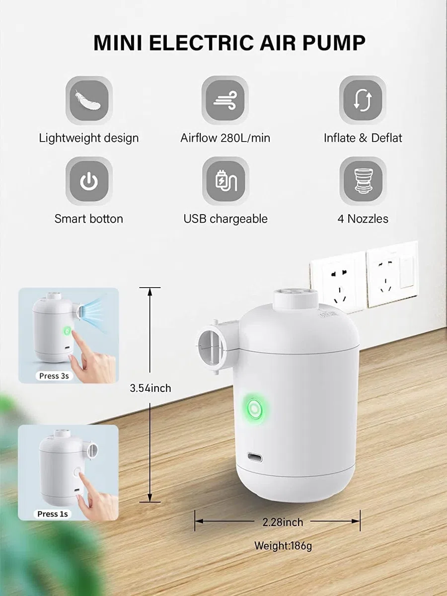 OBEST Mini Bomba de Aire Eléctrica USB,2 en 1 para Inflar y Desinflar,Bomba Eléctrica Portátil Inflable para Camping con 4 Boquillas para Colchoneta de Playa/Piscina Exterior/Anillo de Natación