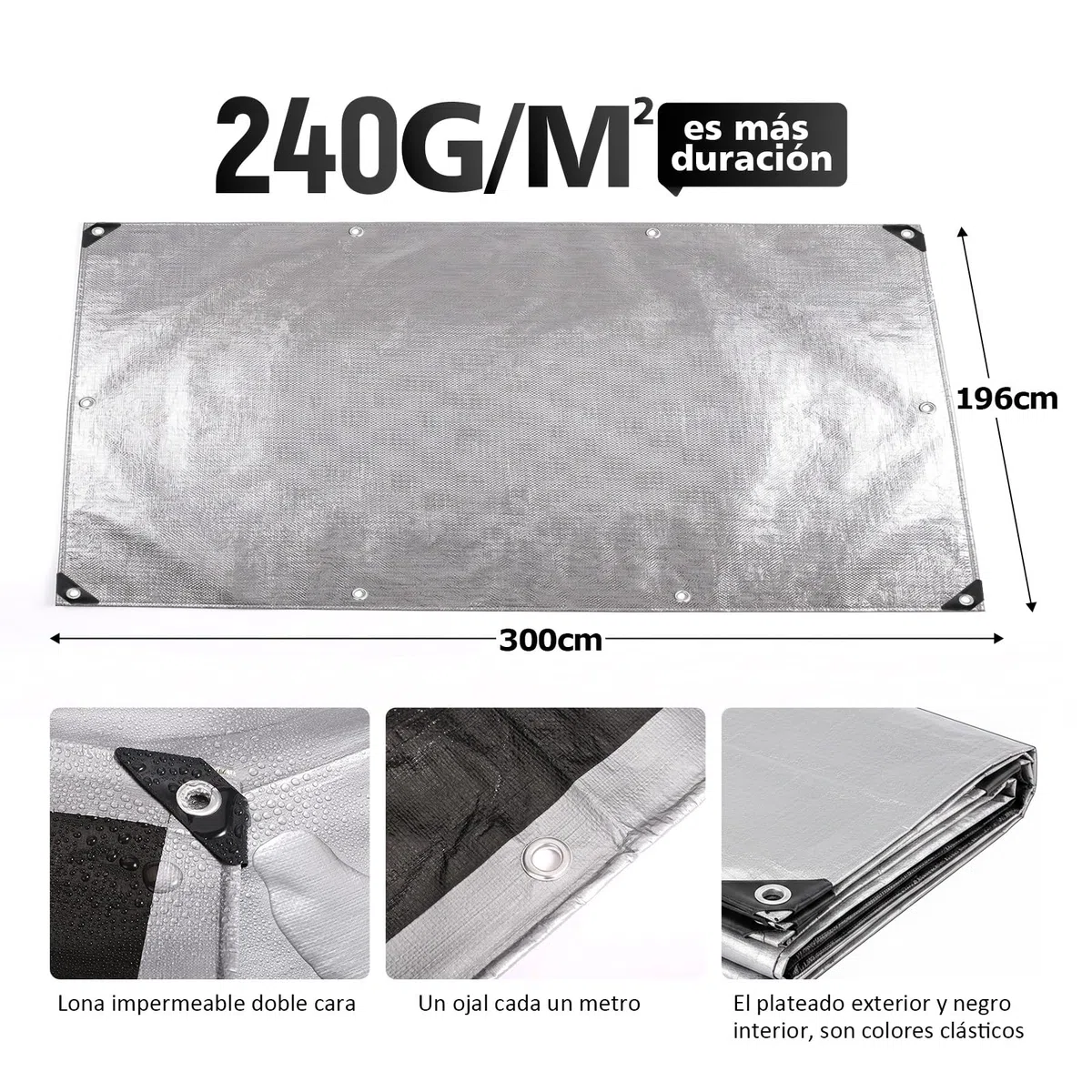 LIHAO Lona Impermeable Exterior 2x3m, Toldo Reforzado 240g/m² con Esquinas de Goma Antidesgarro, Protector Resistente UV para Muebles de Jardín, Piscina, Coche y Camping, Gris Plateado