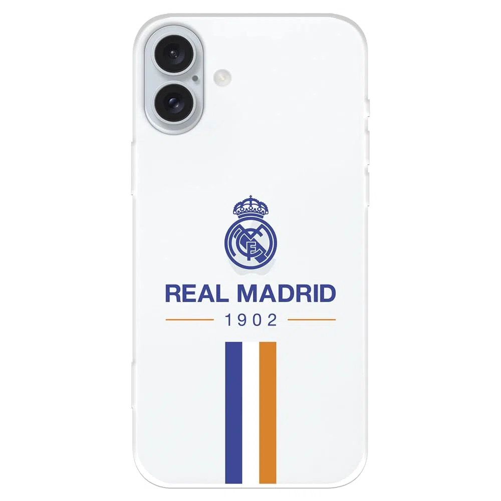 Funda para iPhone 16 Plus del Real Madrid 1902 tansparente para Proteger tu móvil. Capa de Silicona Flexible con Licencia Oficial Real Madrid