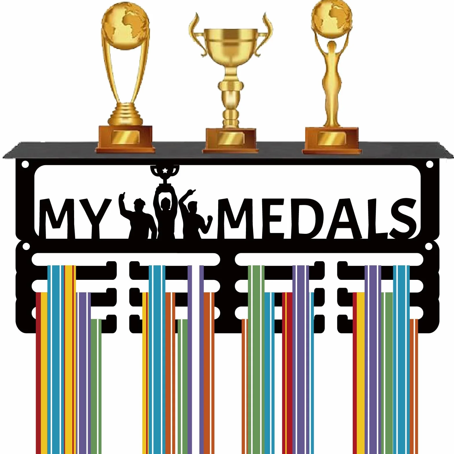 CREATCABIN Perchero para Medallas con Estante para Trofeos, Soporte de Pared de Metal Negro