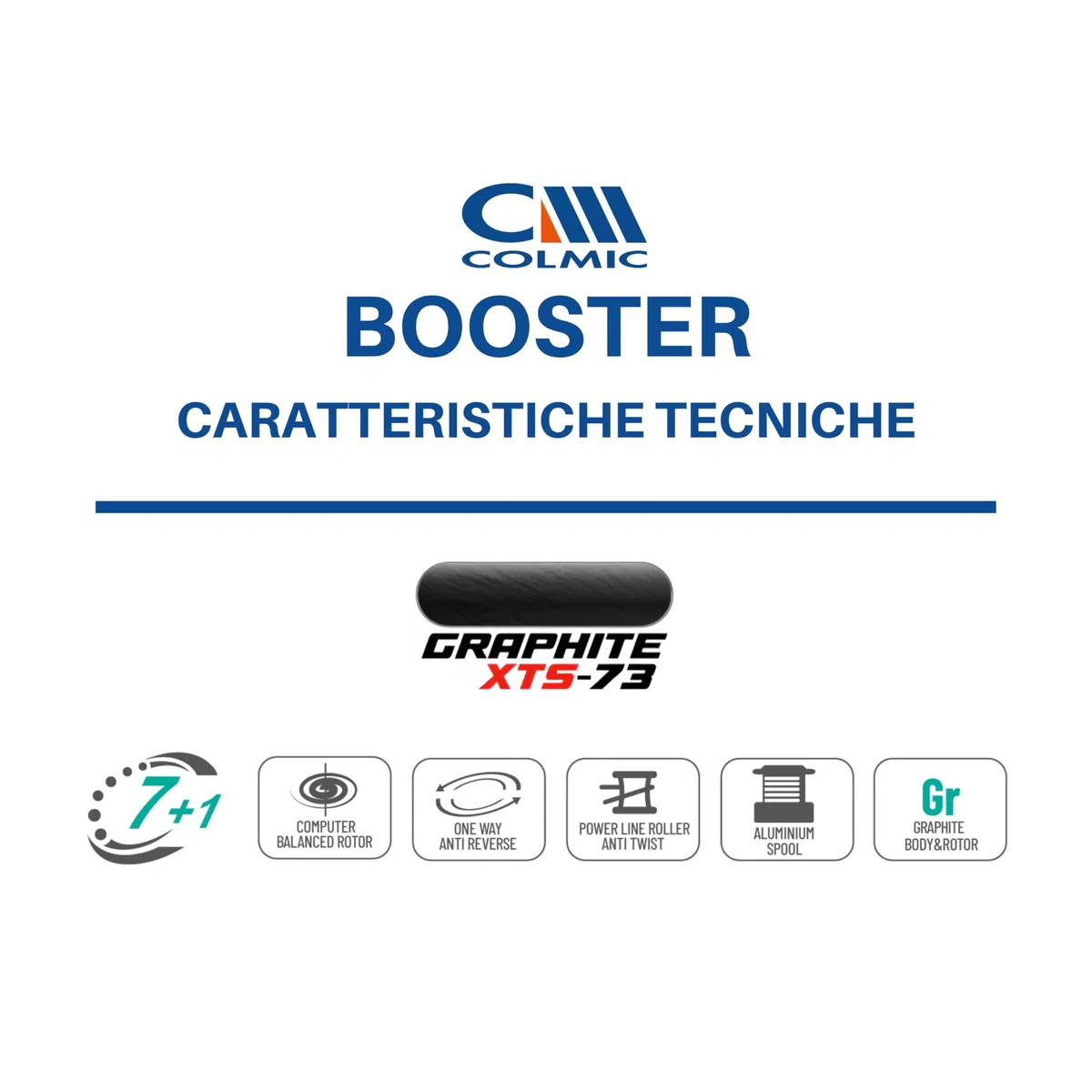 Colmic – Carrete de Pesca Booster – Ligero y Resistente en Grafito XTS-73 – 7+1 Rodamientos, Manivela CNC, Bobina de Aluminio Torneado – Tamaño 2000 – Producto Oficial Colmic