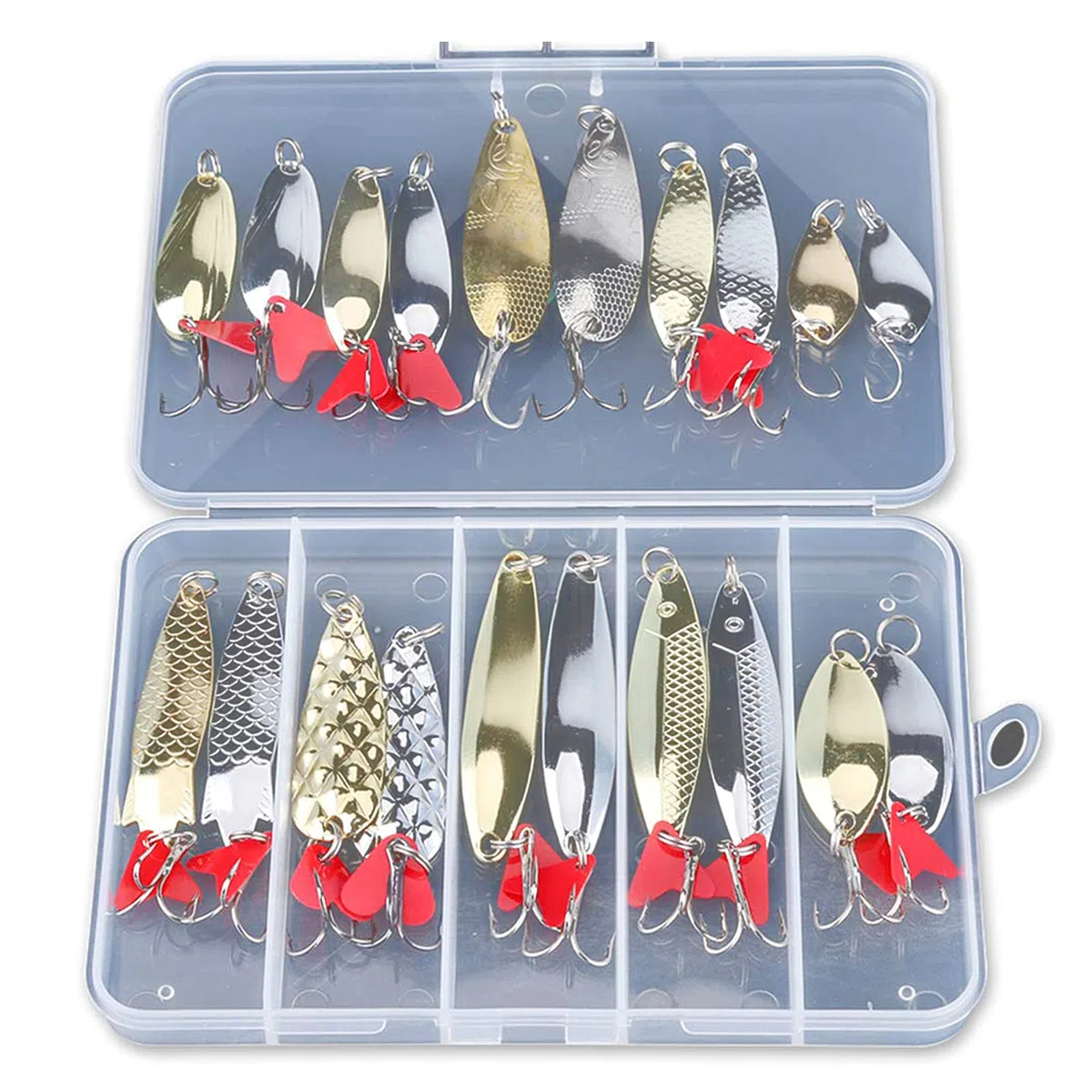 DONQL Juego de 20 señuelos de pesca de metal, con cucharas de metal, anzuelos de pesca, anzuelos, anzuelos, anzuelos