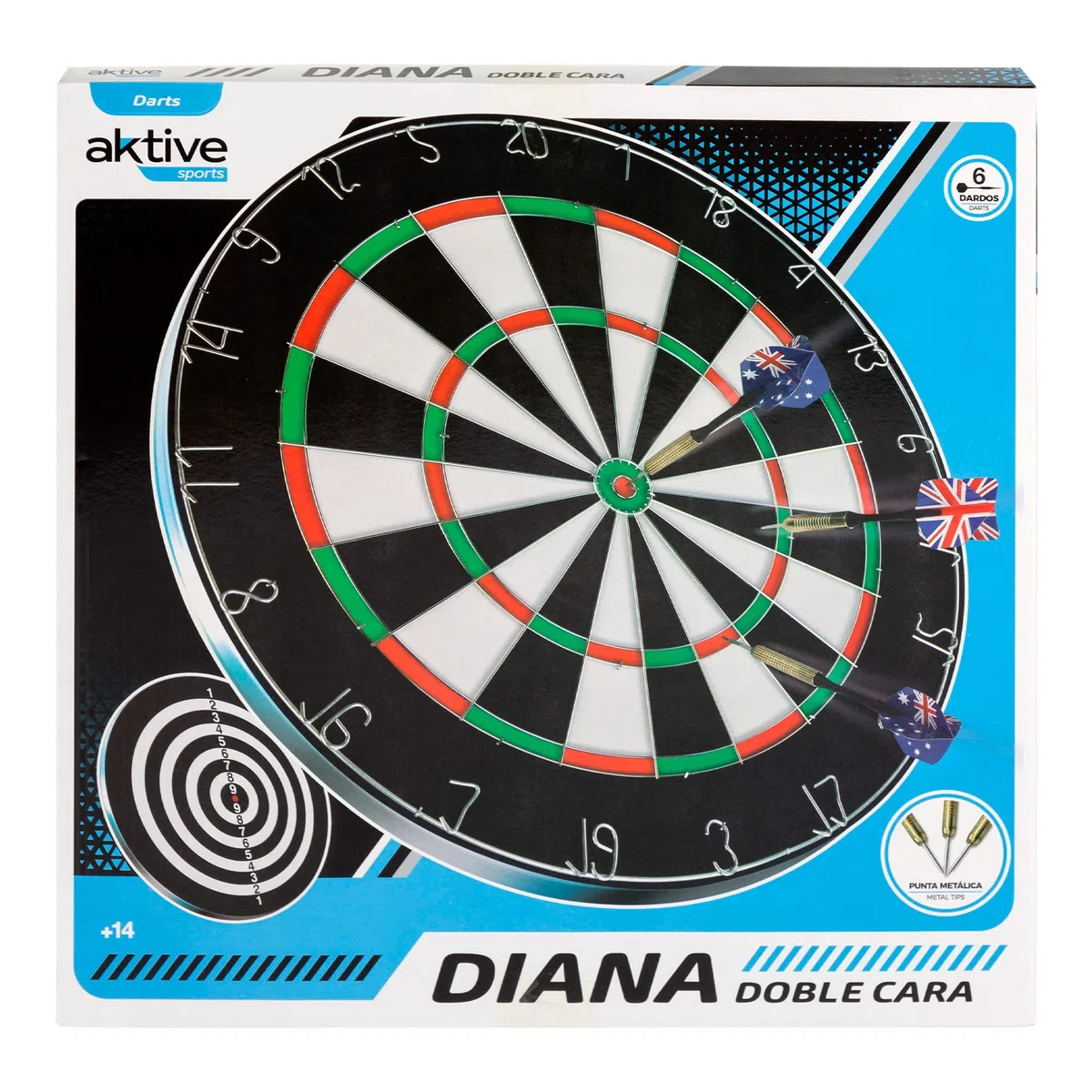 AKTIVE Diana Dardos Doble Cara 42 cm con 6 Dardos Punta metálica, Tablero Reversible Tradicional y de círculos, Juego clásico para Adultos y Adolescentes, Incluye Caja ilustrada (54011)