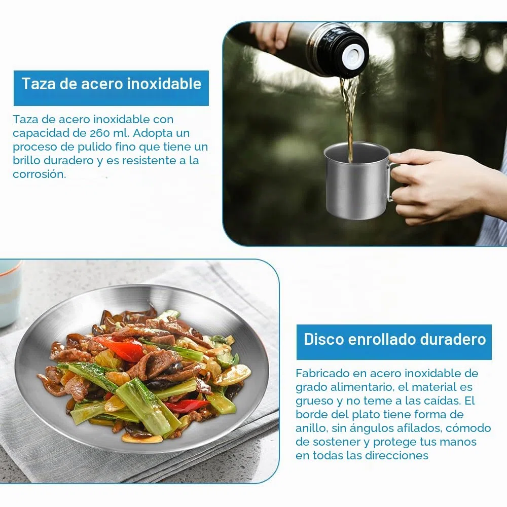 REFORUNG Kit Platos y Cubiertos Camping 8 en 1 Juego de Cubiertos para Acampar Set de Vajilla de Camping de Acero Inoxidable con Platos Cuenco Vaso Cuchillo Tenedor Cuchara y Blosa para 1 Pesonas