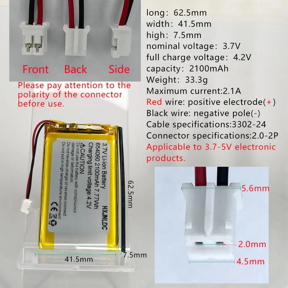 Batería Recargable de polímero de Litio DC 3,7 V 2100 mAh 654060(704060) Adecuada para sustituir baterías integradas de 2 Cables en Dispositivos electrónicos de 3,7-5 V y Luces LED.