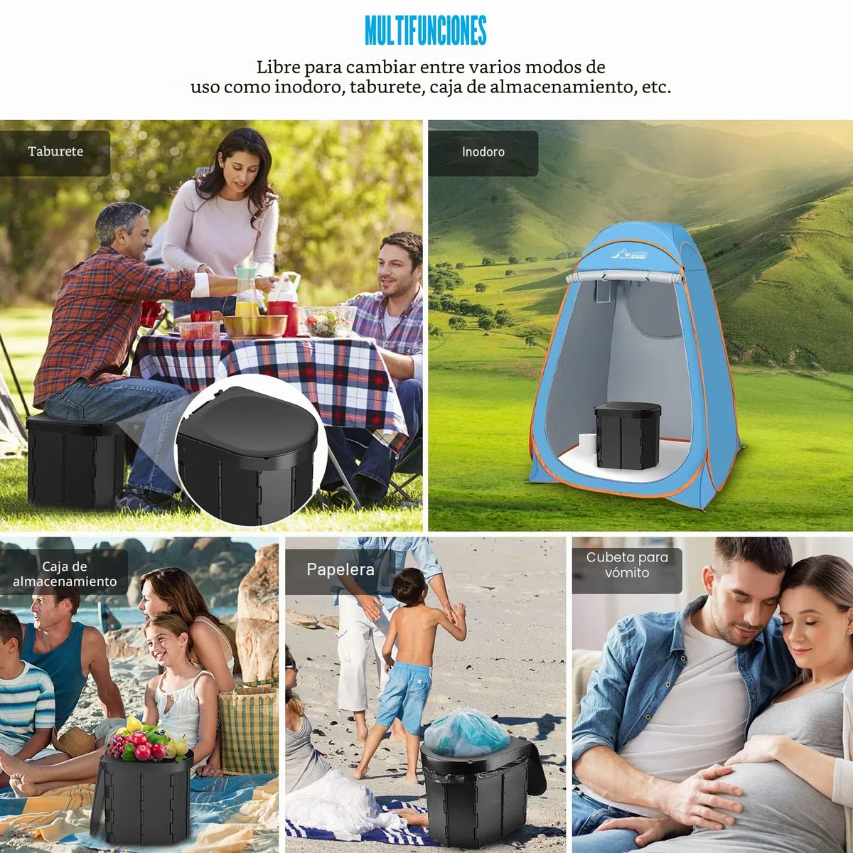 WADEO Inodoro Portátil para Camping, Capacidad de Carga hasta 200kg, Inodoro Plegable con Portarrollos de Papel y Bandeja para Teléfono, Ideal para Acampar, Senderismo, Viajar, Pescar