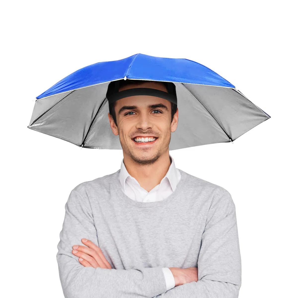 Sombrero de paraguas, 65 cm Protector solar a prueba de viento Manos libres Cabeza Paraguas Gorra Paraguas montado en la cabeza Sombrero plegable superior Paraguas para adultos y niños [Azul]