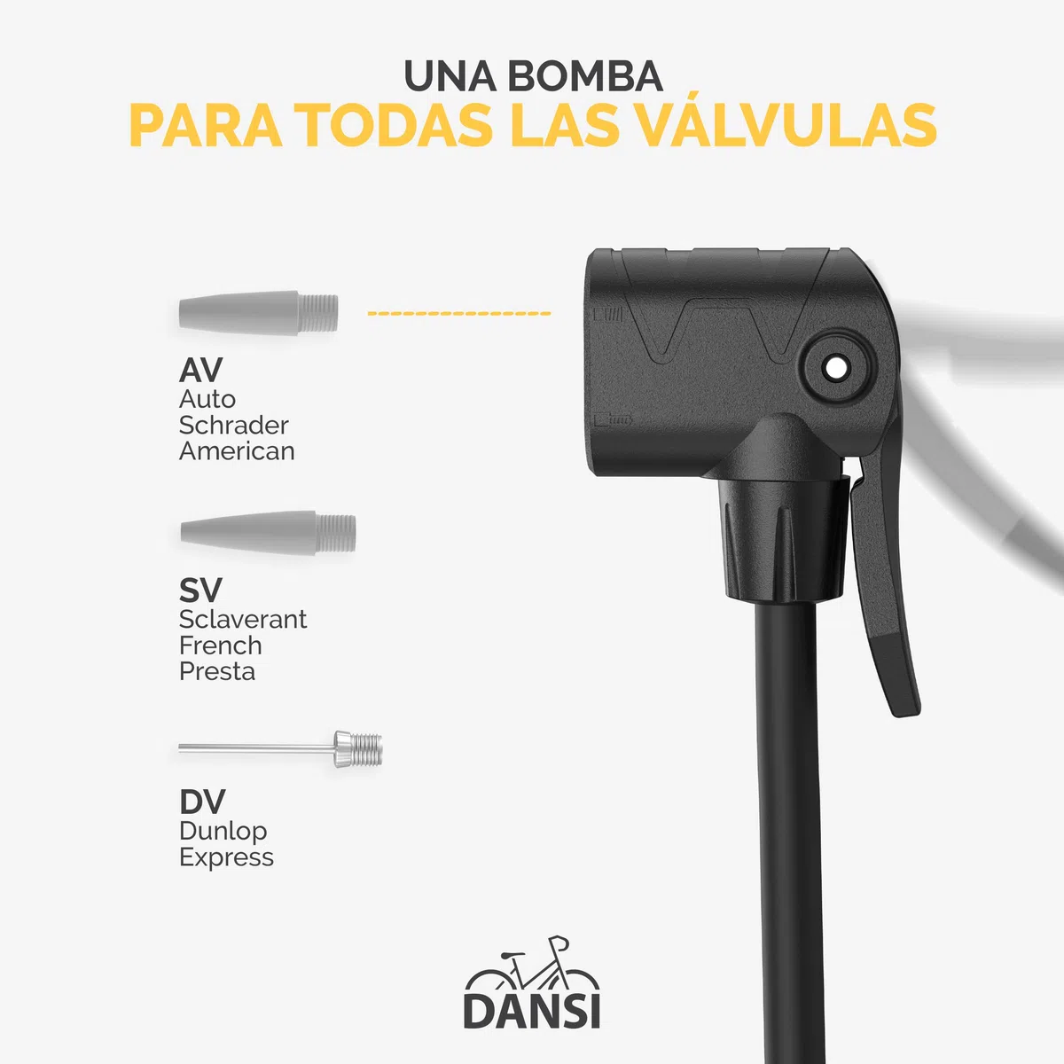 DANSI Bomba de pie para Bicicleta con Todas Las válvulas AV, SV, DV - Bomba de Aire con manómetro Grande, adaptadores y depósito | para Motocicleta, Bicicleta eléctrica
