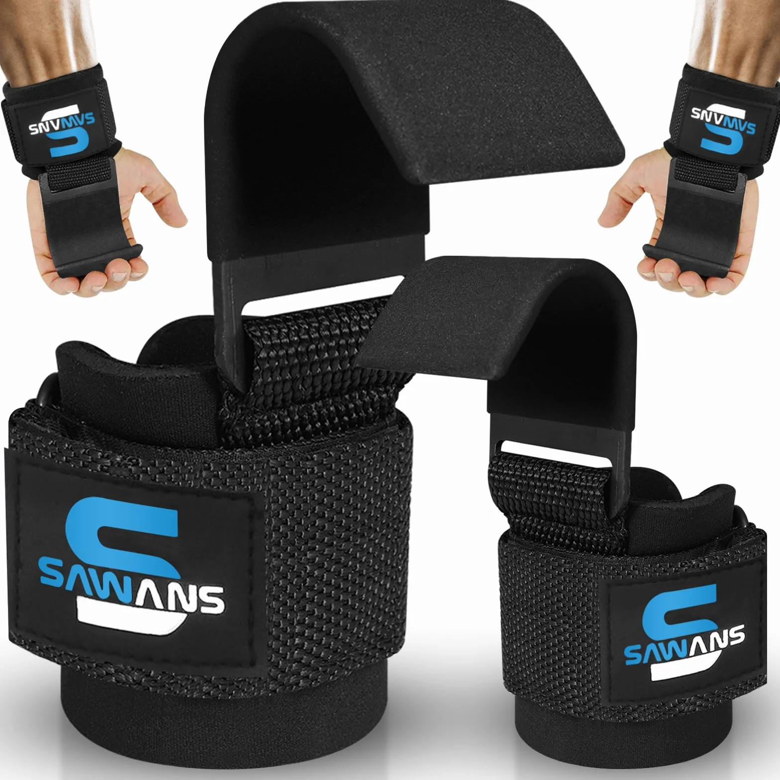 SAWANS Soporte de muñeca Ganchos de levantamiento de pesas Entrenamiento Gimnasio Bar Soporte Guantes acolchado grueso, de neopreno, con revestimiento correas goma Power Wrist Straps (Negro)