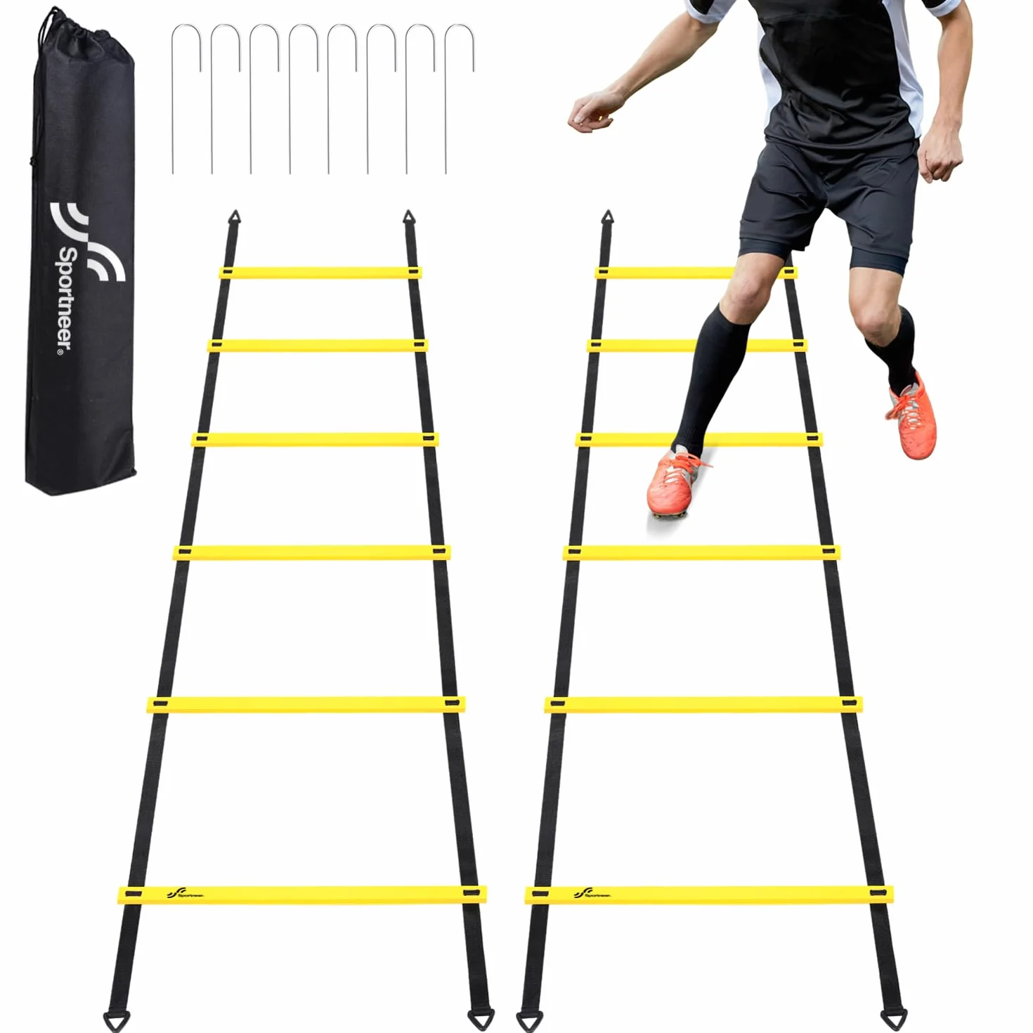 Sportneer Juego de entrenamiento de velocidad de escalera de agilidad, 12 peldaños de 20 pies, escaleras de ejercicio desmontables en 2 piezas (6 peldaños cada uno) con estacas de tierra para