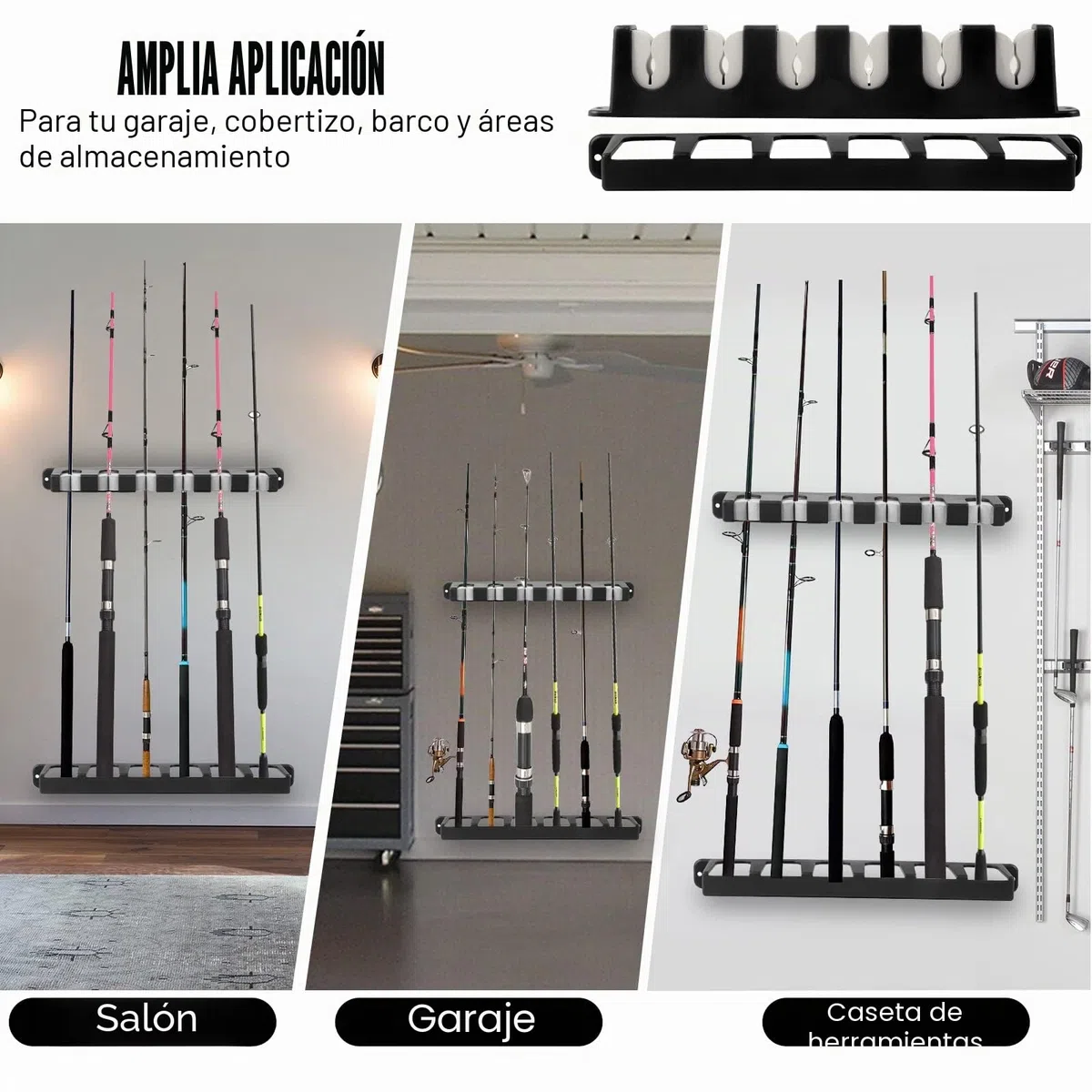 Soporte de Caña de Pescar Verticales para 6 cañas, Taco de Billar Soporte de Pared , ideal para cañas de pescar y otras barras diferentes para guardar para Sala de Garaje, Tienda de Barcos (A)