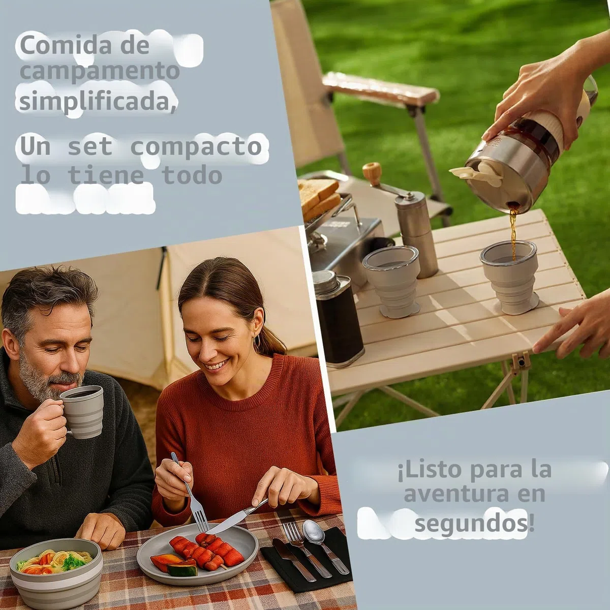 Juego de menaje camping plegable 6 en 1 – Incluye cuchillo, cuchara, tenedor acero inoxidable, taza, cuenco, plato y bolsa. Ideal para viajes, senderismo, picnic y acampada