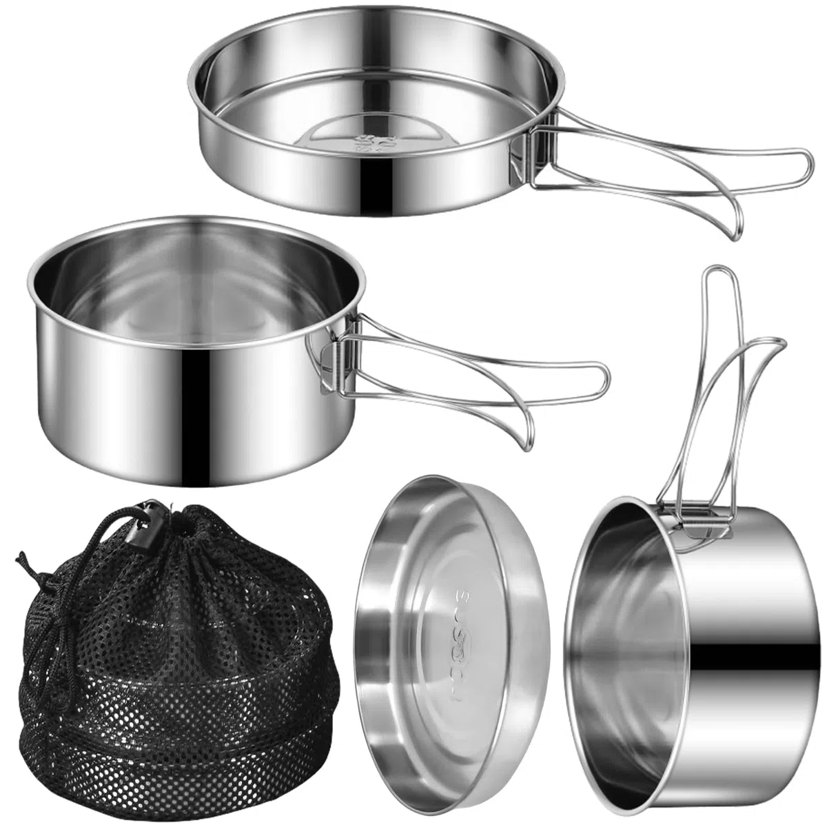 Juego de utensilios de cocina para camping, 4 piezas, juego de vajilla de camping 304, olla de acero inoxidable con sartén, olla portátil para camping, juego de sartenes, cubiertos plegables para