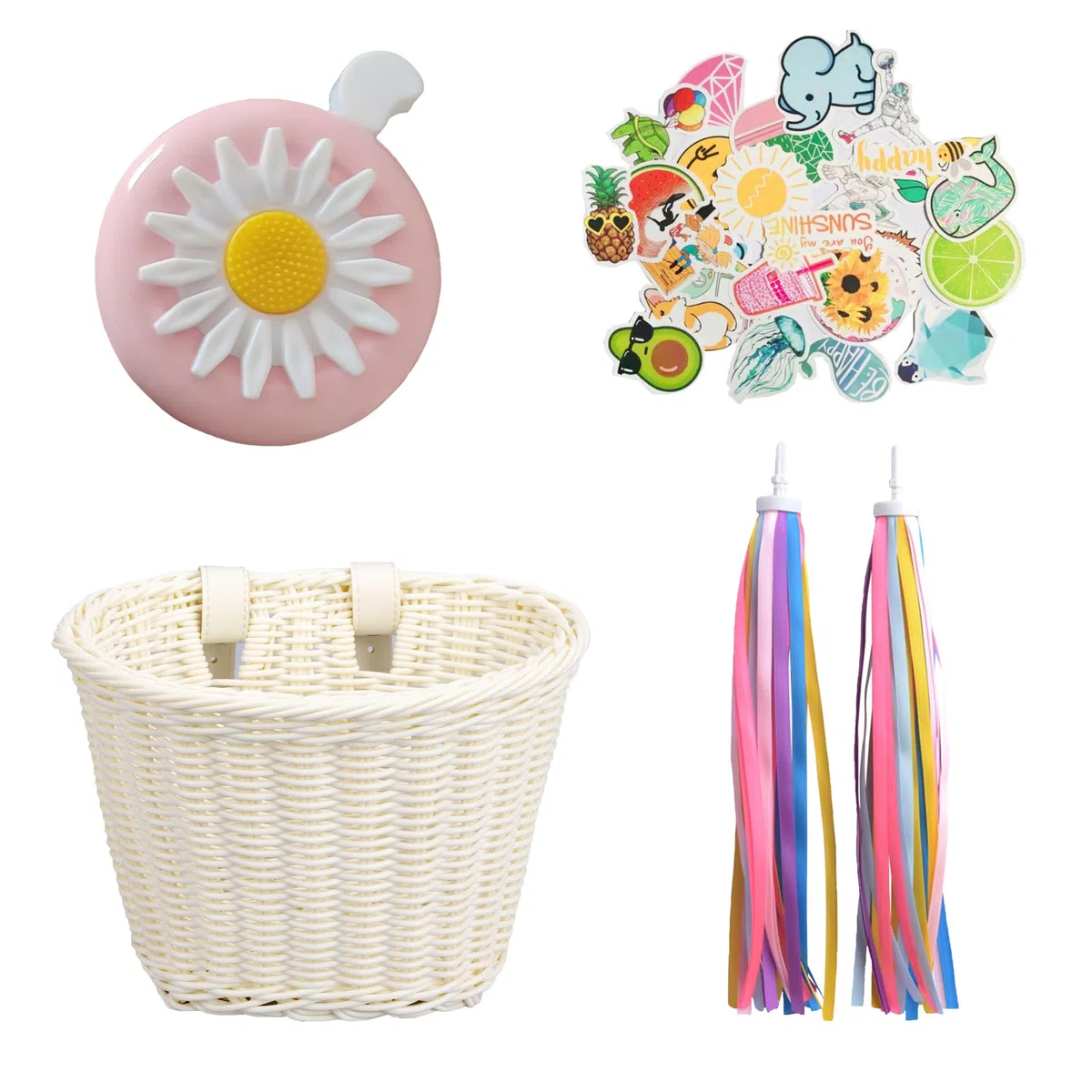 Cesta Bicicleta Niña, Cesta Bicicleta Delantera, Cesta Bicicleta Infantil, Accesorios Bicicleta Niña, Canasta de Manillar de Bicicleta, con Campanas, Serpentinas, Pegatinas