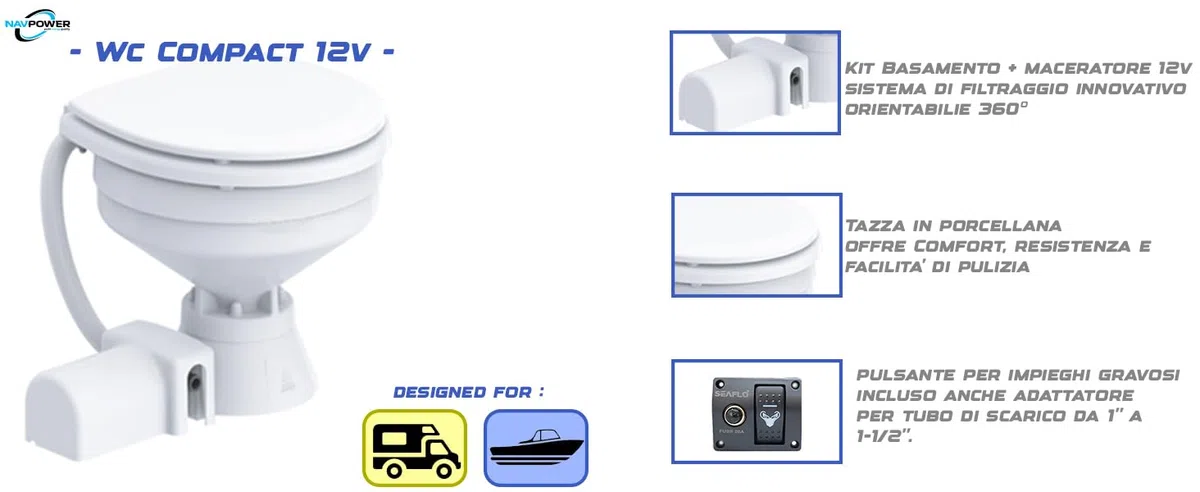 Inodoro compacto – Eléctrico 12 V de porcelana – Barco Náutico Caravana Cabina