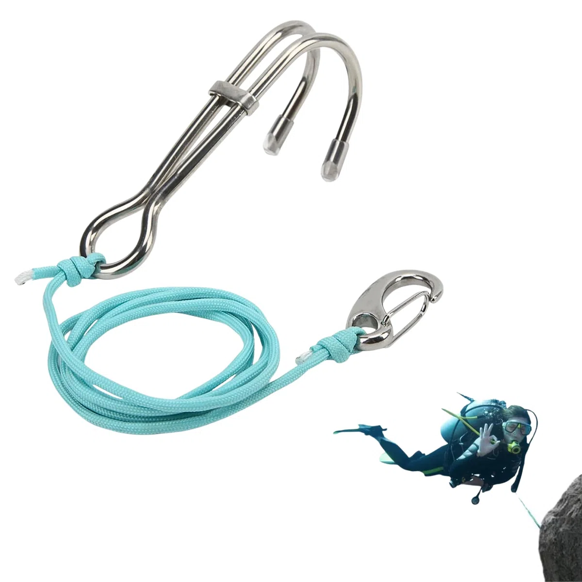Gancho de Buceo Doble de Acero Inoxidable Gancho de Deriva de Buceo con Línea Resistente al Desgaste Resistente para Accesorios de Buceos en Cuevas, Fotografía Subacuática