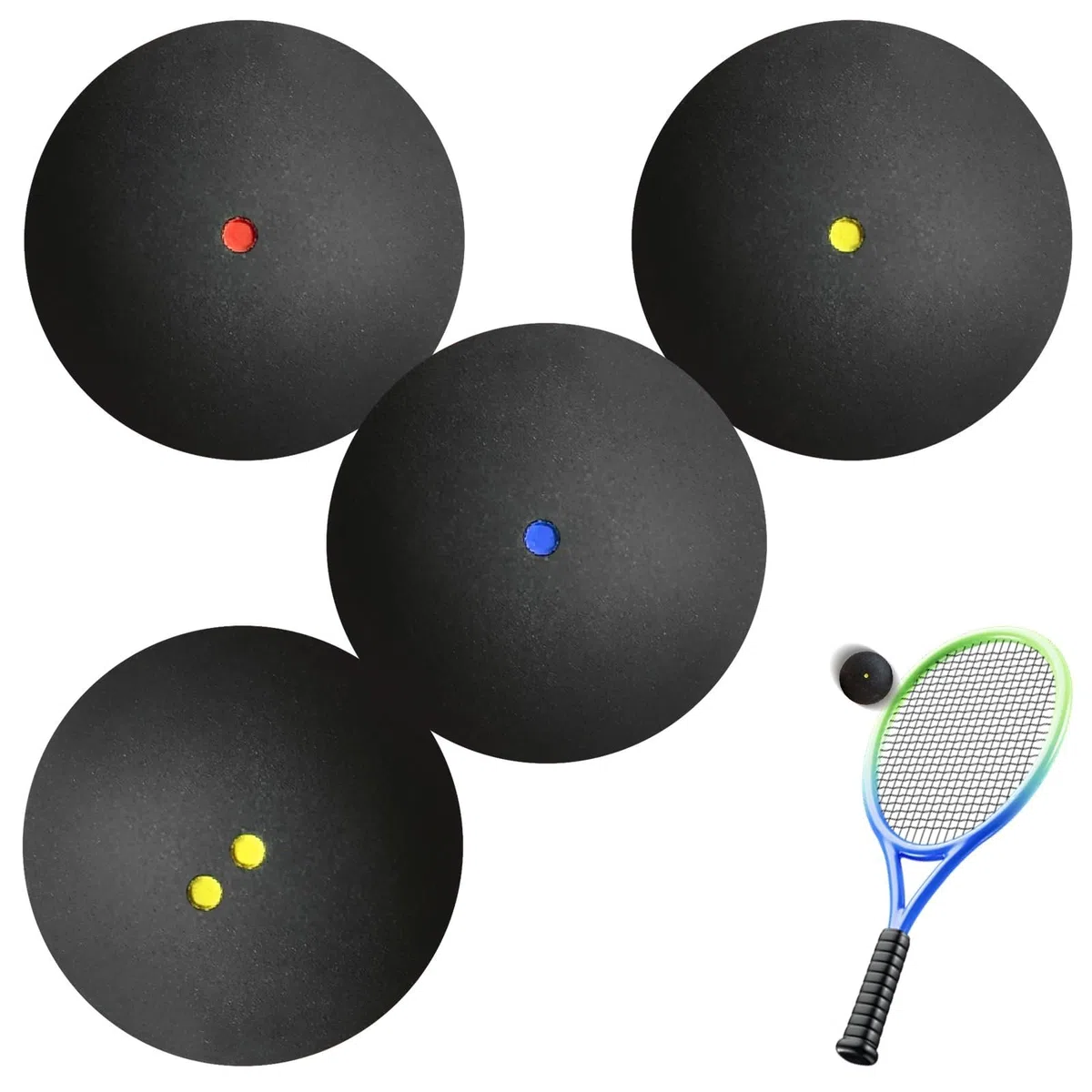 GOMETY Conjunto De 4 Pelotas De Squash: Uso Versátil Para Entrenamiento Y Competición, Caucho De Alta Calidad Para Principiantes Hasta Elite (Negro)
