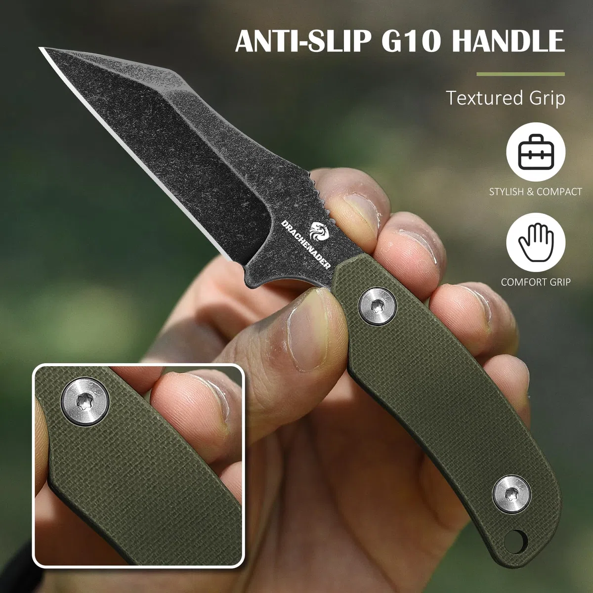 DRACHENADER Cuchillo de cuello funda Wharncliffe Small con acero D2, Full Tang Pequeño mini cuchillo de outdoor perfecto para senderismo y EDC