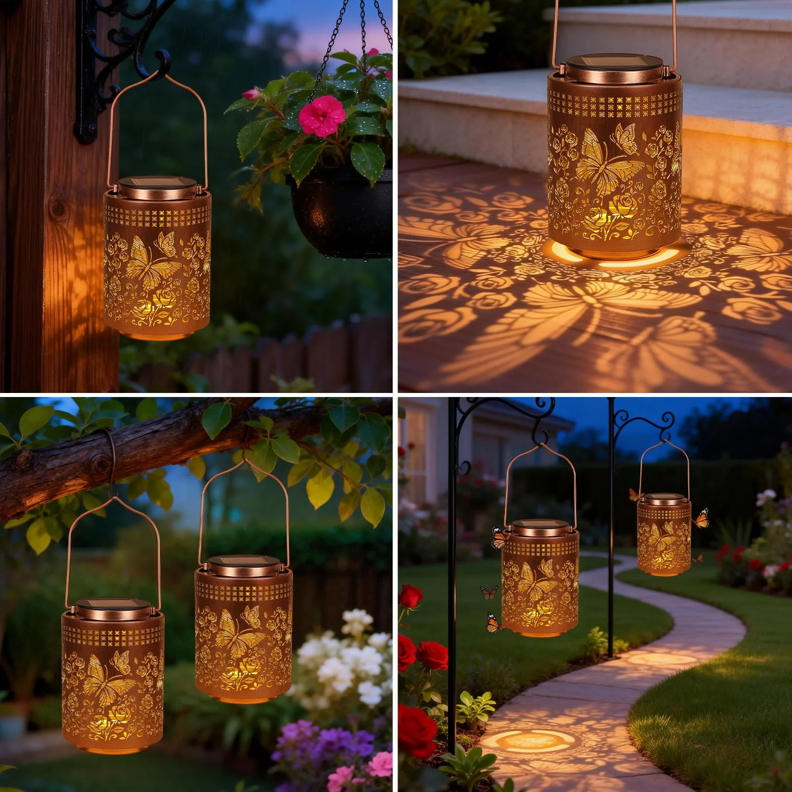 Lanternas solares al aire libre impermeables mariposa jardín decoración regalos para mujeres mamá colgando luces solares jardín metal decoración al aire libre para patio, patio trasero regalo