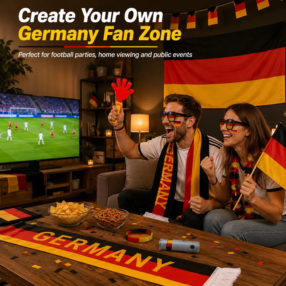 Juego de 6 piezas para fanáticos de Alemania, bufanda, gafas, bandera, chisme, pintura facial y pulsera – regalos típicos alemanes para aficionados al fútbol, accesorio perfecto para estadio, vista