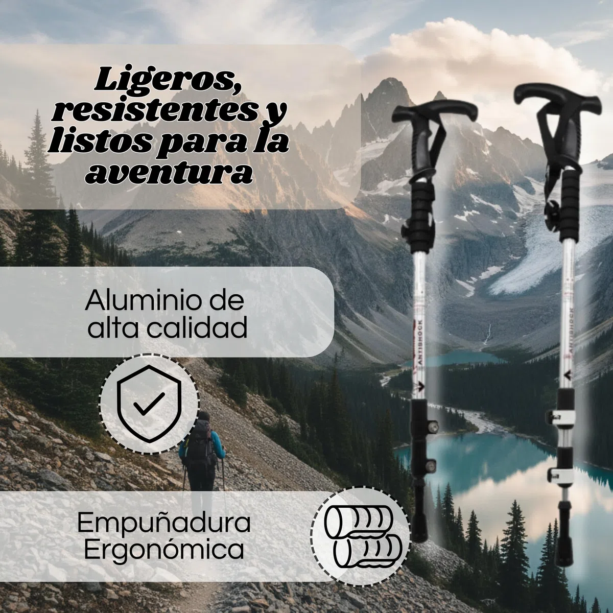 Weida | Bastones Extensibles de Aluminio 2 Unidades de Senderismo | Ligeros y Resistentes con Empuñadura Ergonómica de Goma | Correa Ajustable | Bloqueo rápido | para Todoterreno