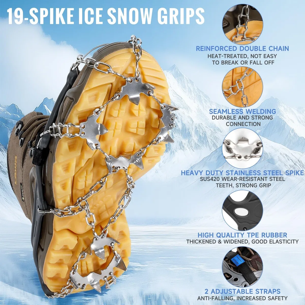 Crampones, Garras de Hielo para Zapatos y Botas, Garras de Nieve con 19 Puntas de Acero Inoxidable para Senderismo, Pesca y Paseos en Invierno