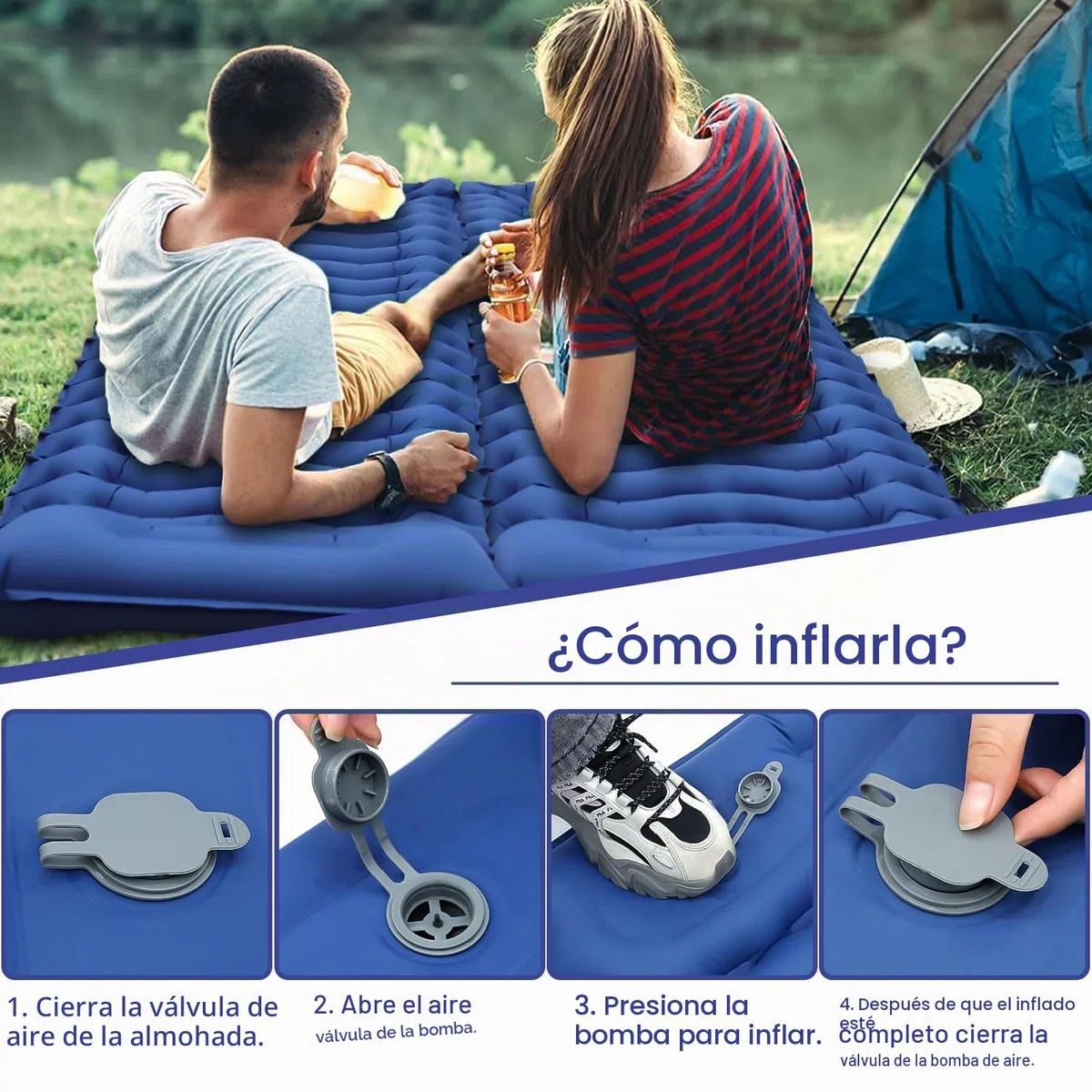 Colchon Hinchable Camping, 12 cm de Espesor Colchon Inflable Campings, Esterilla Hinchable Camping con Almohada y Bomba de Pie, Colchoneta Campings para Dormir para Senderismo Mochilero, Azul