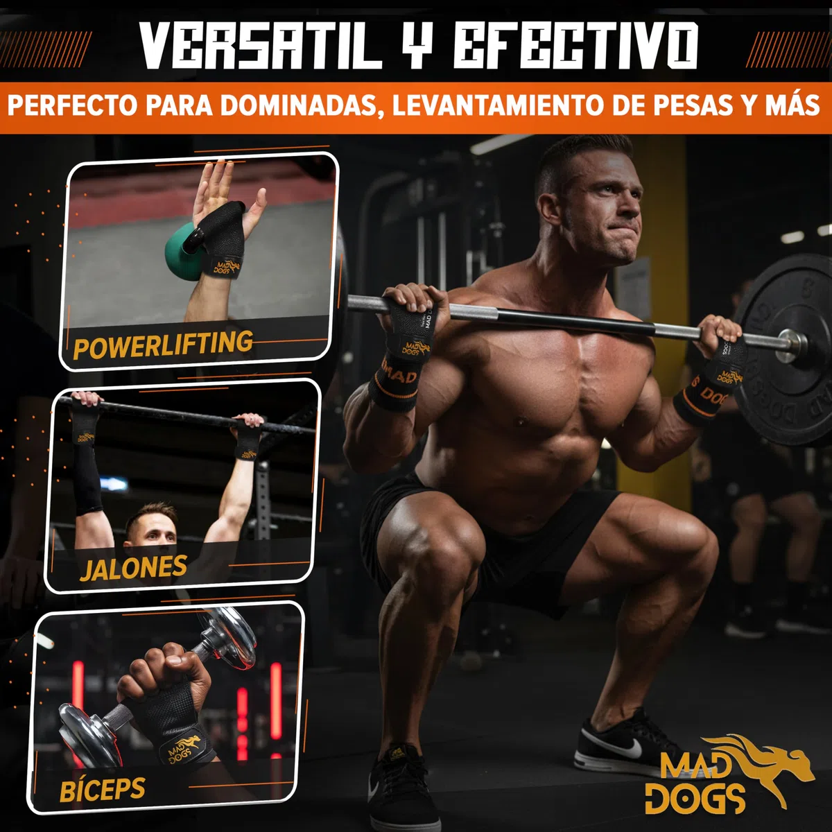 MAD DOGS Calleras Gimnasio Hombre Mujer – Pack Premium 3 en 1 con Muñequeras y Bolsa – Máximo Agarre sin Magnesio – Fibra de Carbono sin Agujeros – Crosstraining y Dominadas