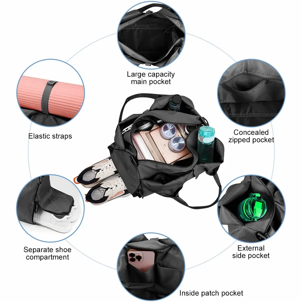 Aucuu Bolsa Deporte Gym, Bolsa de Fitness Deportiva y Yoga con Compartimento para Zapatos Bolsillo Húmedo, Gran Alfombra para Pilates,Bolsillo Laterales Botellas de Agua,Esterilla de Yoga no Incluida